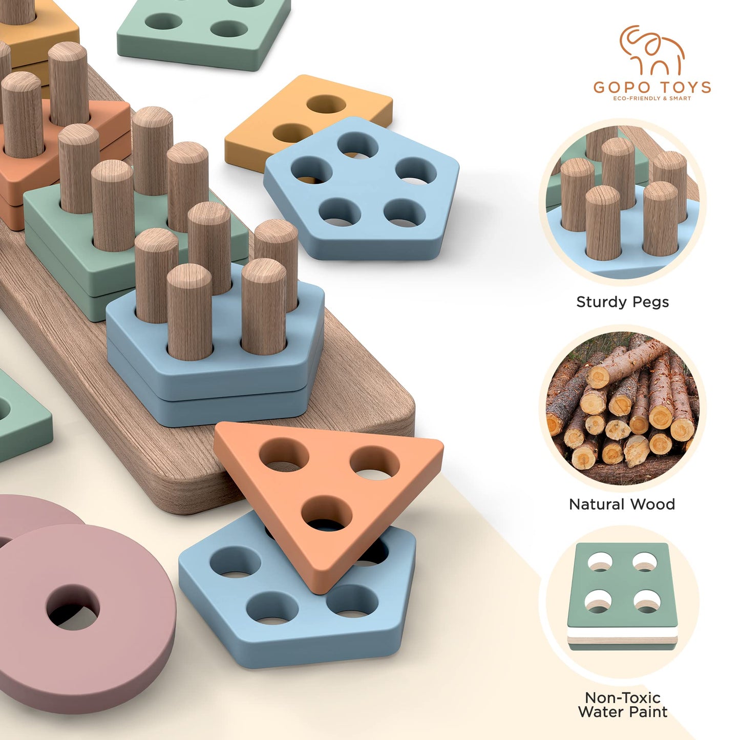 GOPO TOYS Montessori Wooden Shape Sorter & Stacking Puzzle for 1+ Year Olds