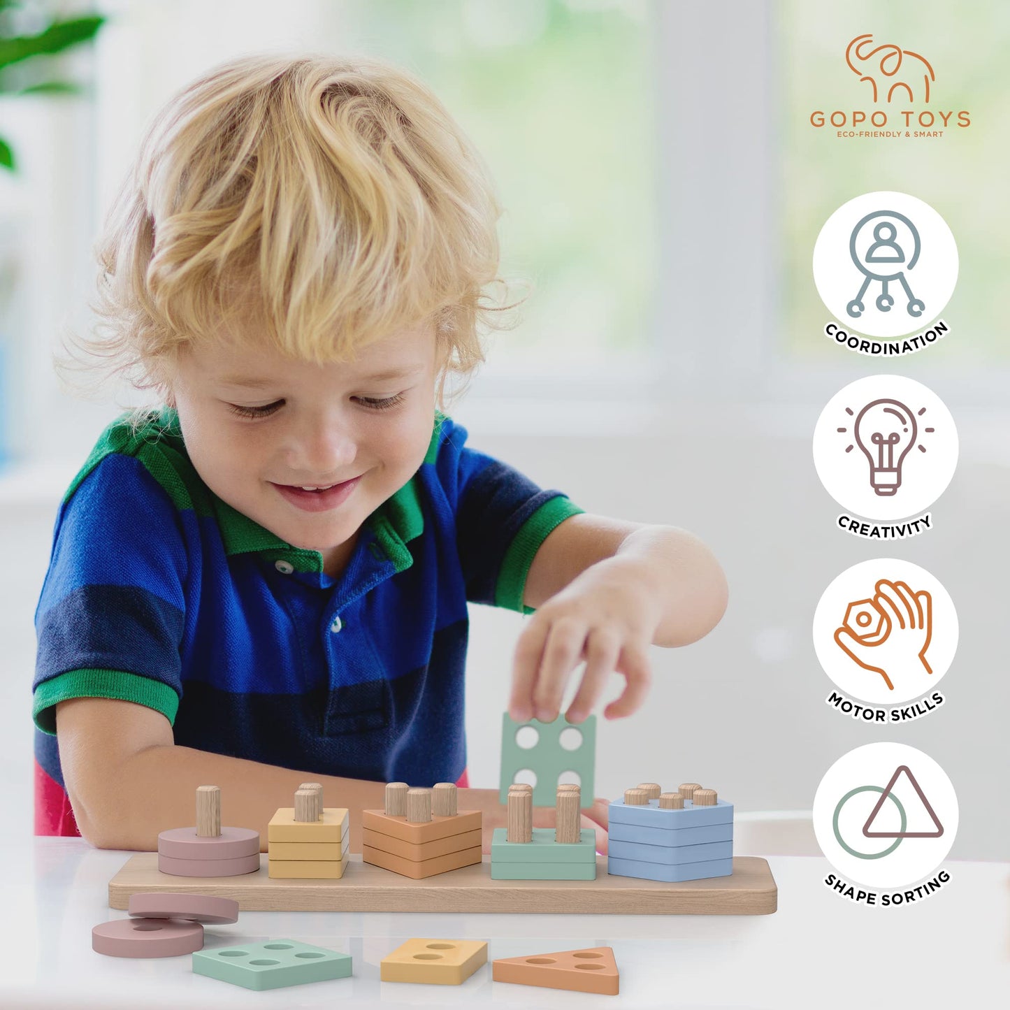 GOPO TOYS Montessori Wooden Shape Sorter & Stacking Puzzle for 1+ Year Olds