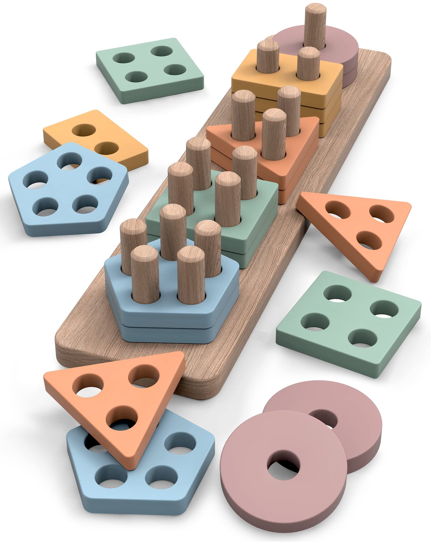 GOPO TOYS Montessori Wooden Shape Sorter & Stacking Puzzle for 1+ Year Olds