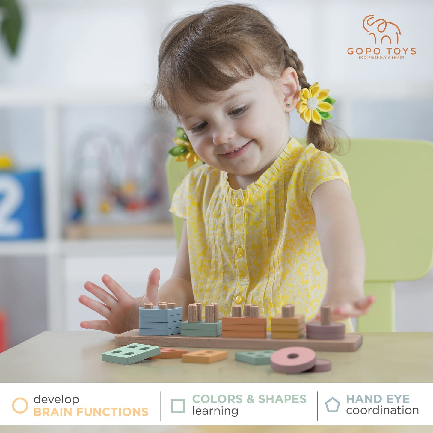 GOPO TOYS Montessori Wooden Shape Sorter & Stacking Puzzle for 1+ Year Olds