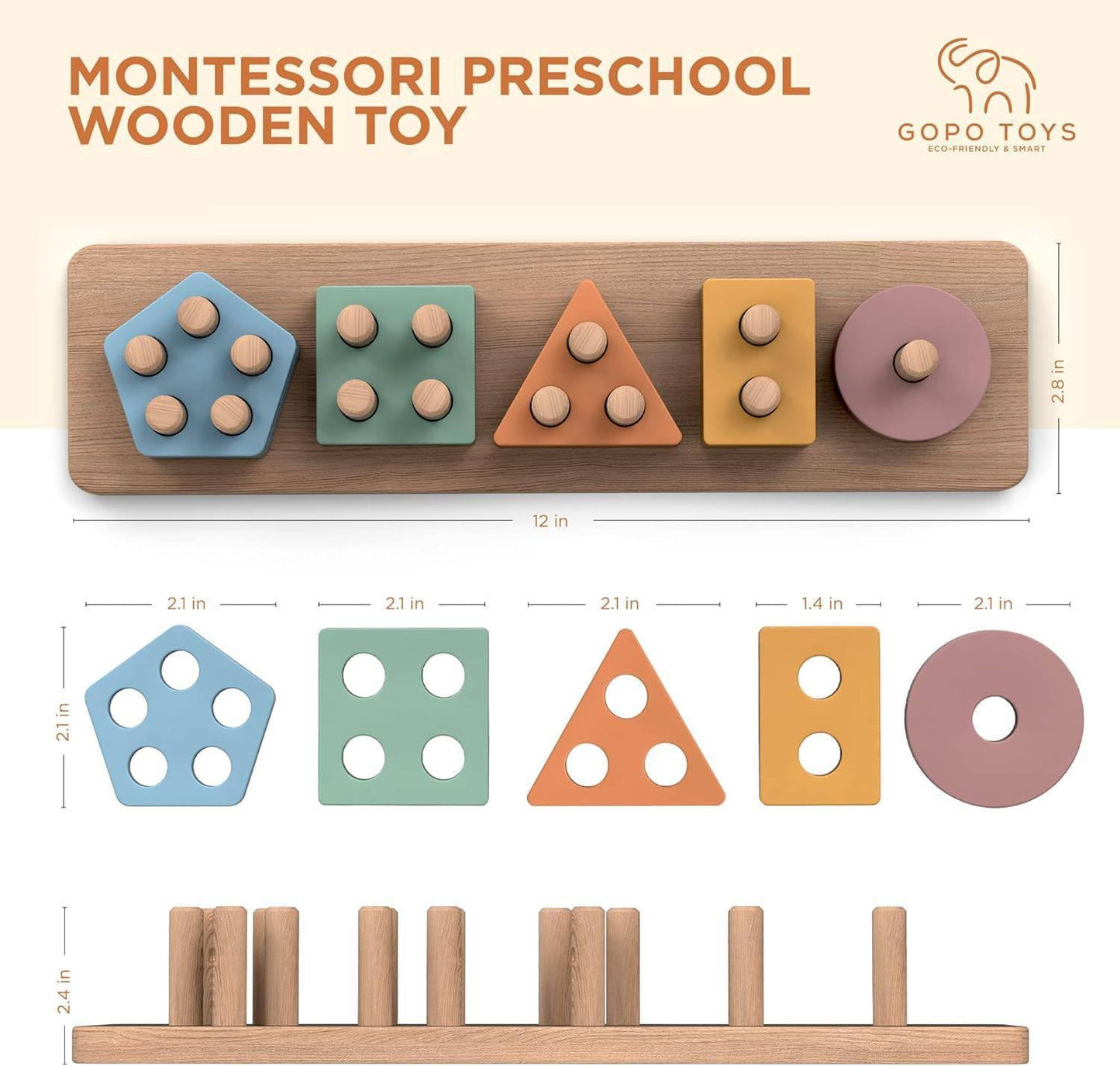 GOPO TOYS Montessori Wooden Shape Sorter & Stacking Puzzle for 1+ Year Olds