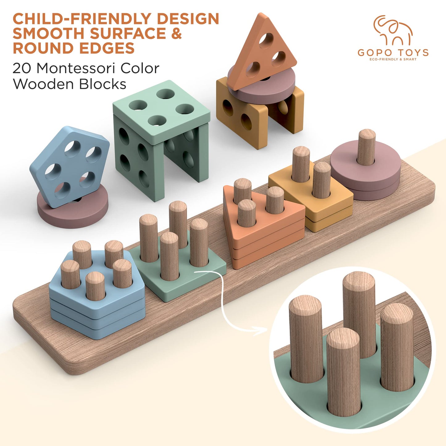 GOPO TOYS Montessori Wooden Shape Sorter & Stacking Puzzle for 1+ Year Olds