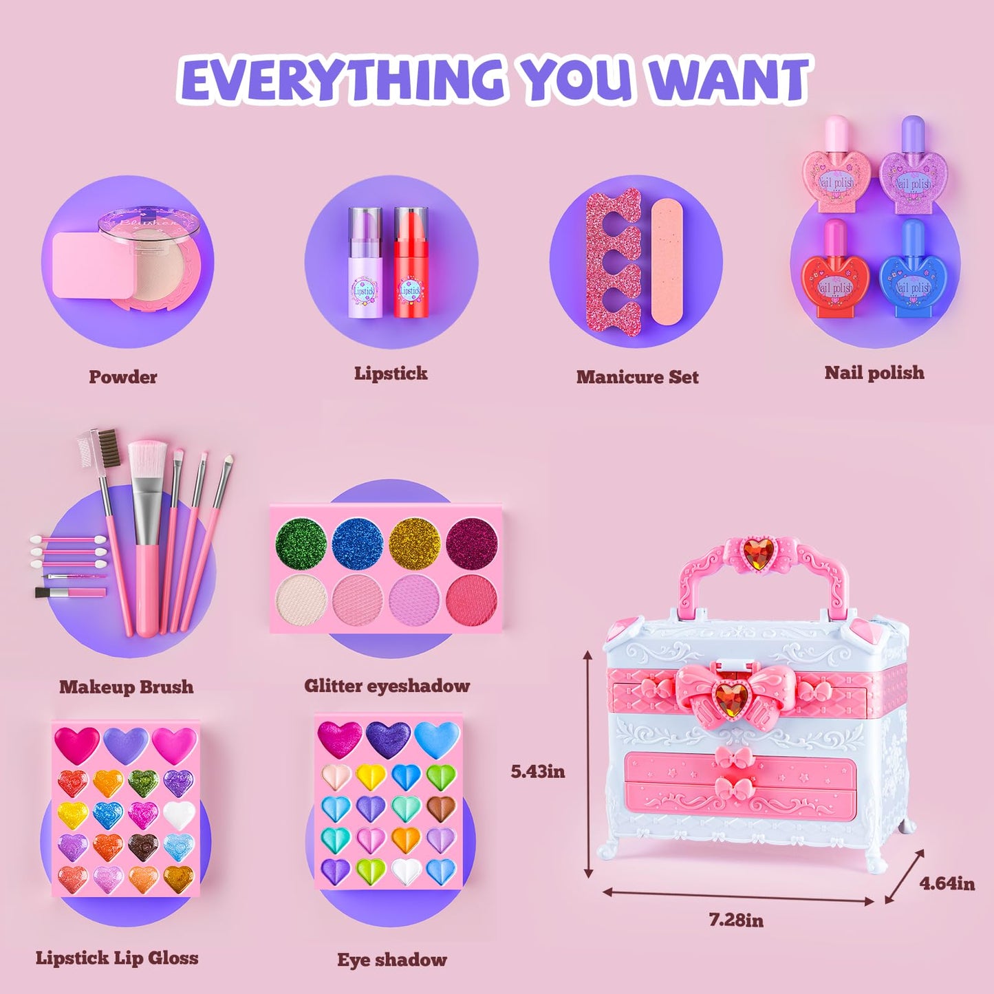 GORISPI Kids Makeup Set – 66pcs Real Makeup, Mirror, Washable & Safe for Girls 3-12 (Light Pink)