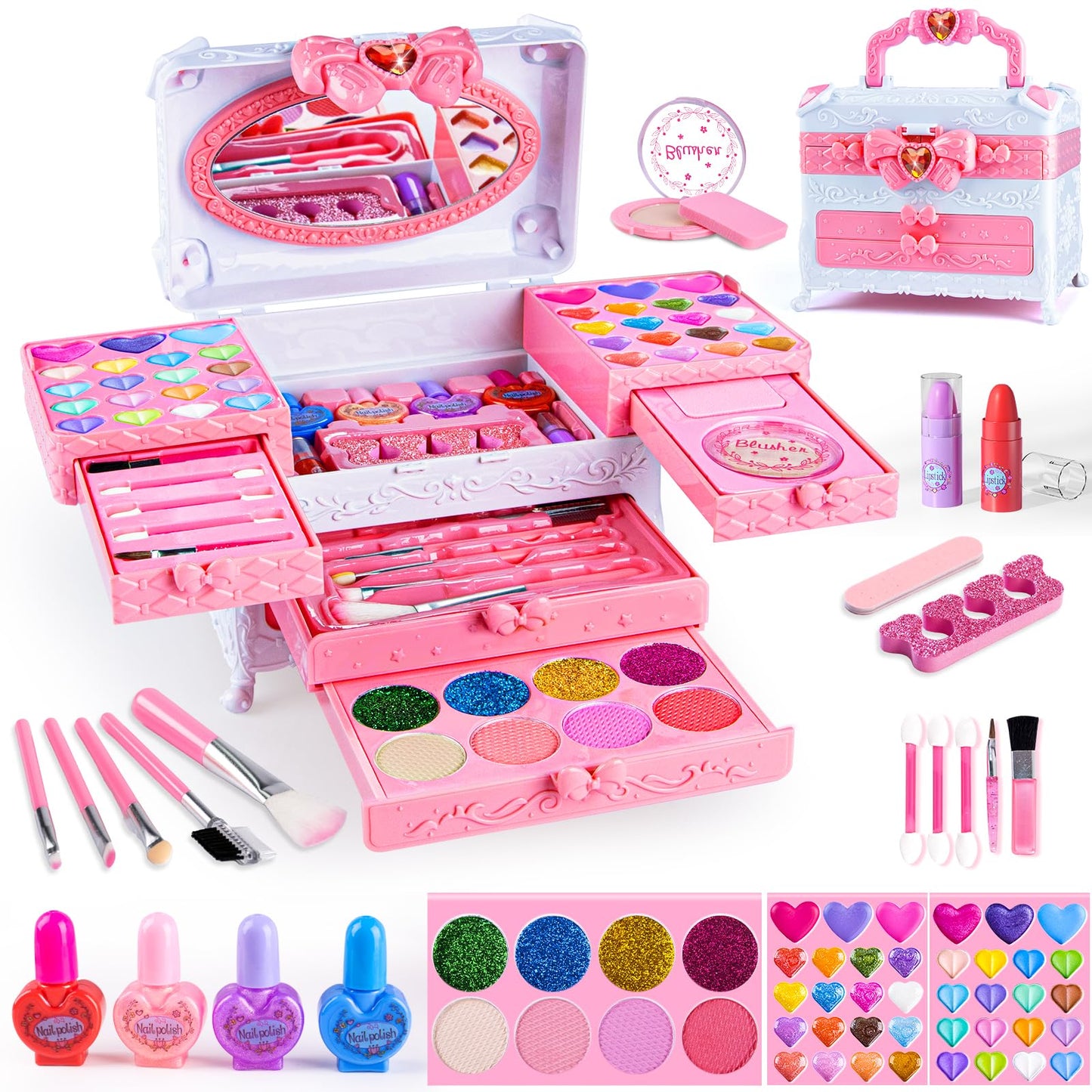 GORISPI Kids Makeup Set – 66pcs Real Makeup, Mirror, Washable & Safe for Girls 3-12 (Light Pink)