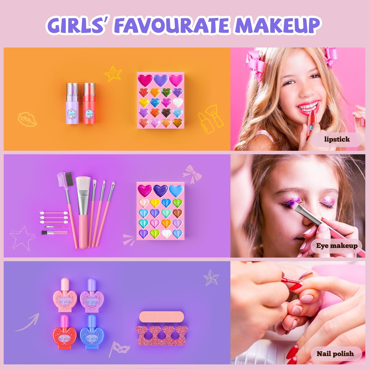 GORISPI Kids Makeup Set – 66pcs Real Makeup, Mirror, Washable & Safe for Girls 3-12 (Light Pink)