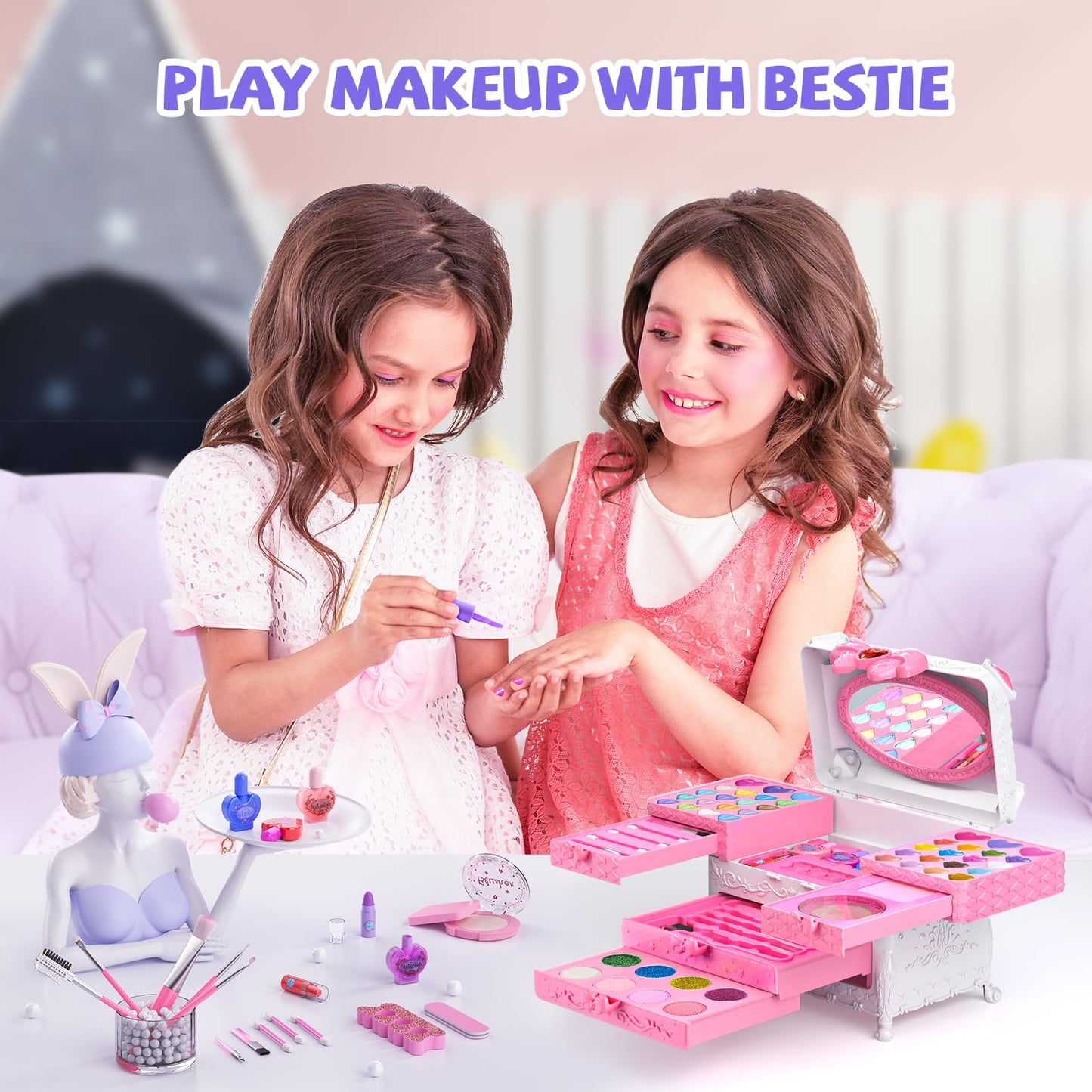 GORISPI Kids Makeup Set – 66pcs Real Makeup, Mirror, Washable & Safe for Girls 3-12 (Light Pink)
