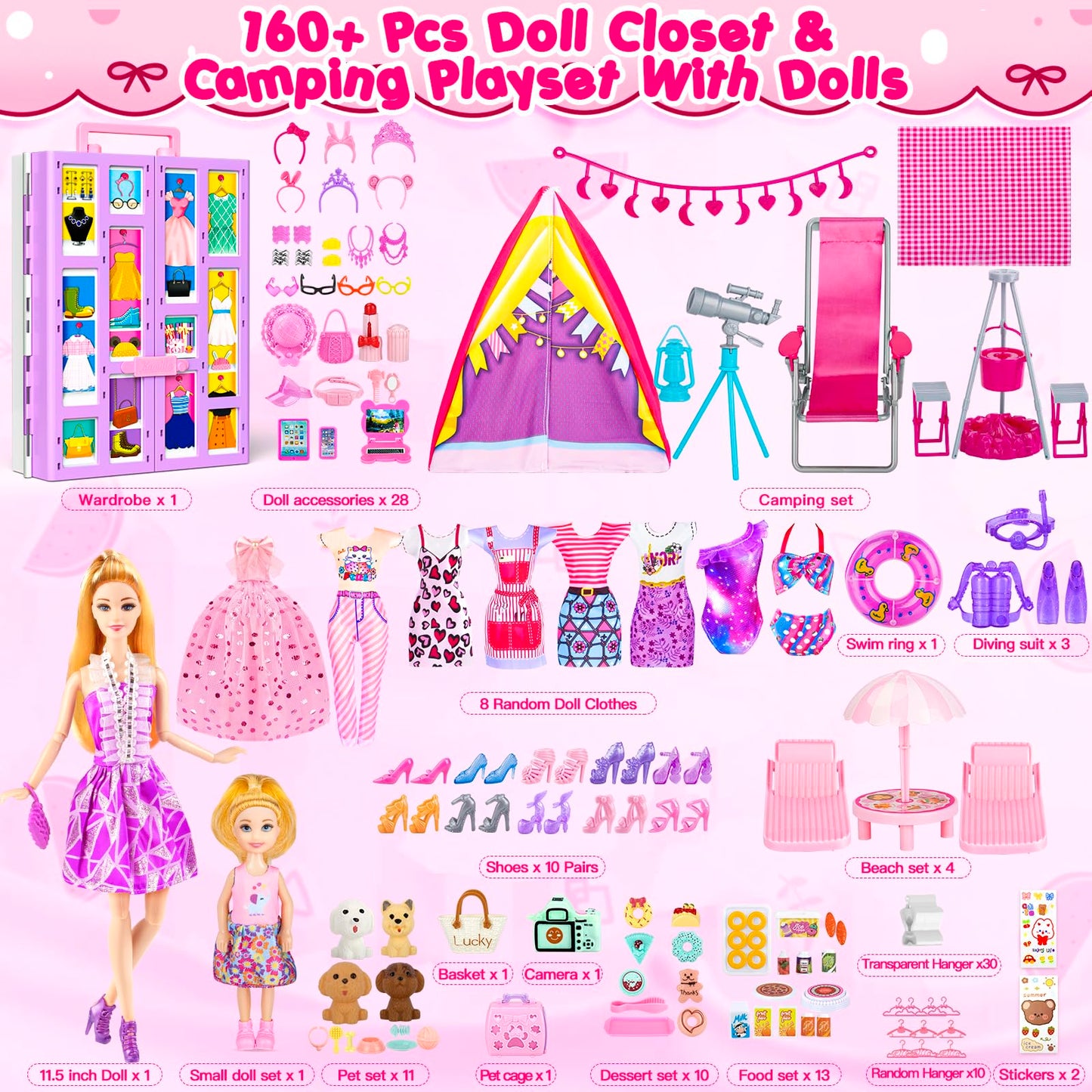 GORISPI Doll Dream Closet & Camping Playset – 160+ Pcs for 11.5-Inch Dolls