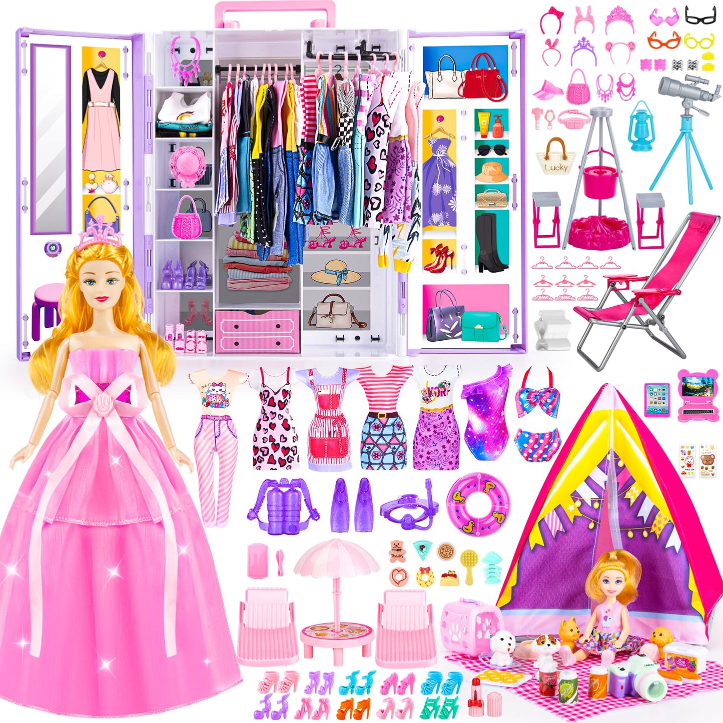 GORISPI Doll Dream Closet & Camping Playset – 160+ Pcs for 11.5-Inch Dolls