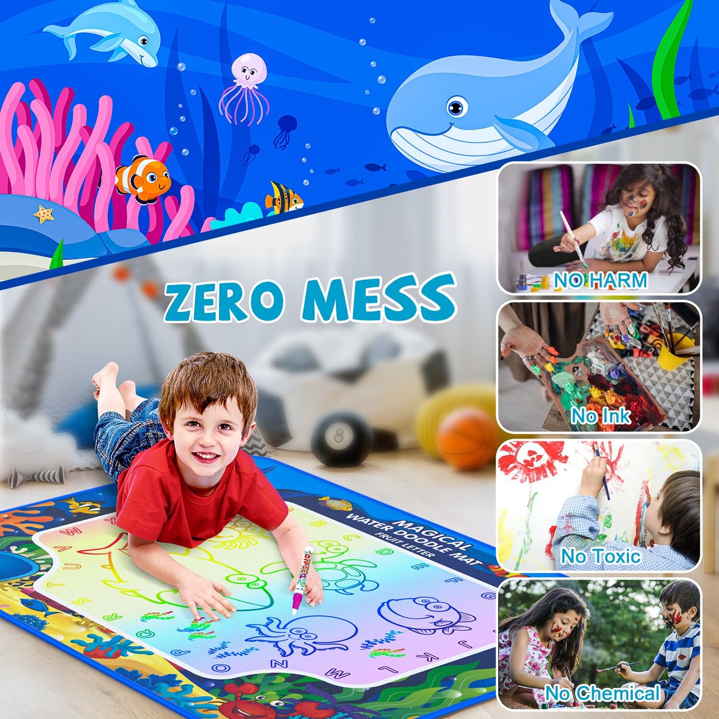 GORISPI Water Doodle Mat 32x40 Inch – Mess-Free Neon Coloring Board for Kids