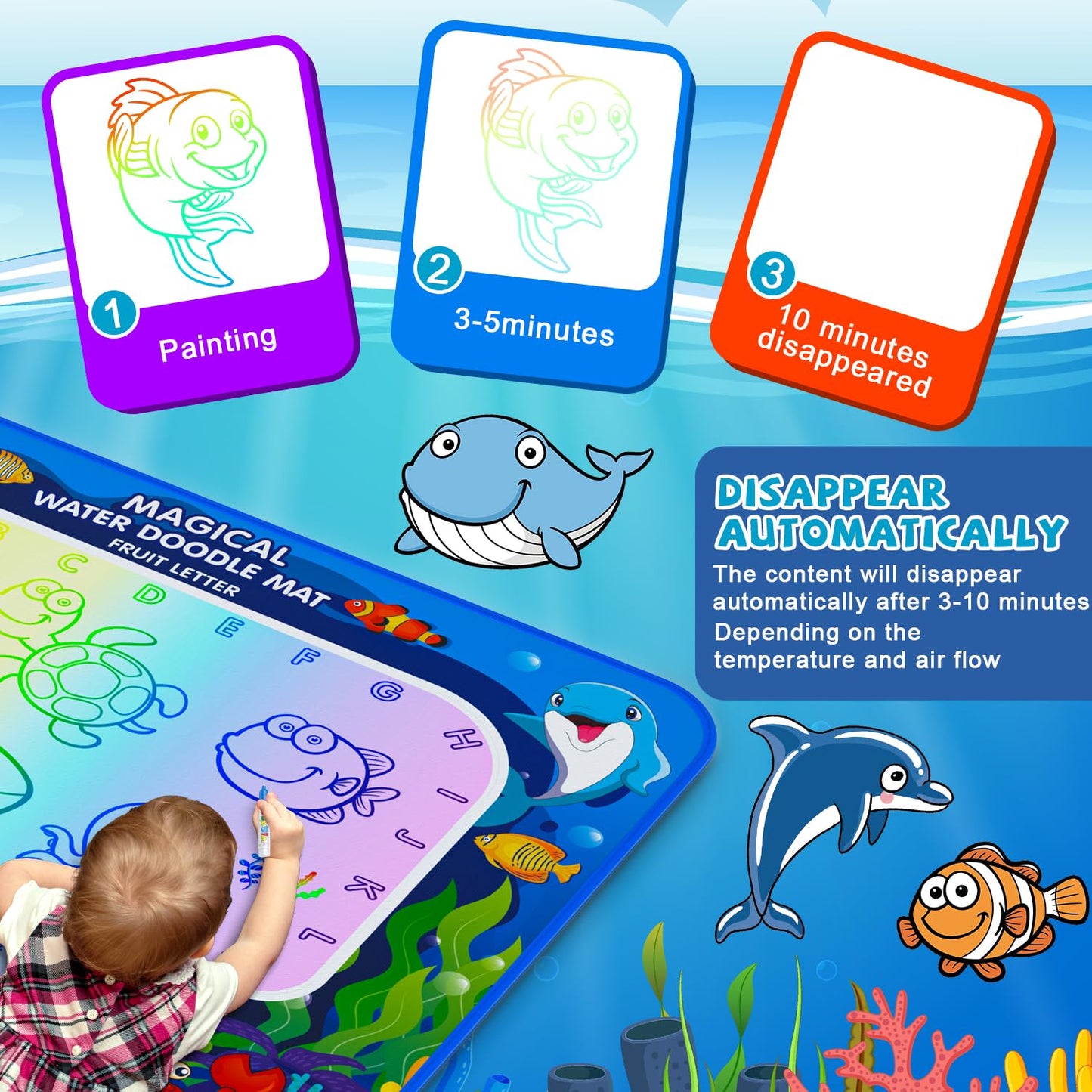 GORISPI Water Doodle Mat 32x40 Inch – Mess-Free Neon Coloring Board for Kids