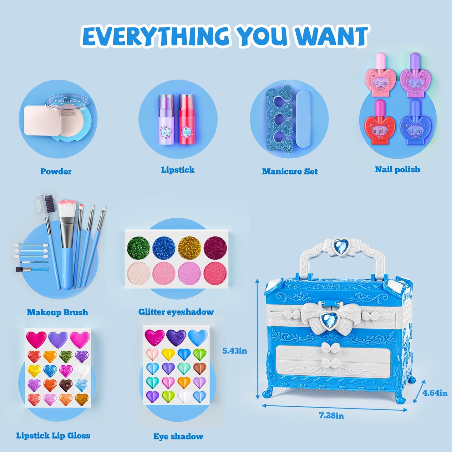 GORISPI 66-in-1 Kids Makeup Set with Mirror – Washable Toy Cosmetics (Blue Case)