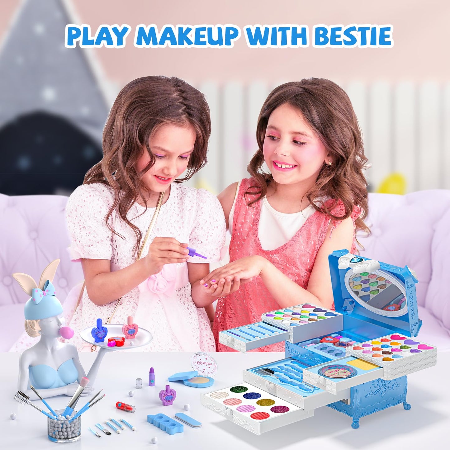 GORISPI 66-in-1 Kids Makeup Set with Mirror – Washable Toy Cosmetics (Blue Case)