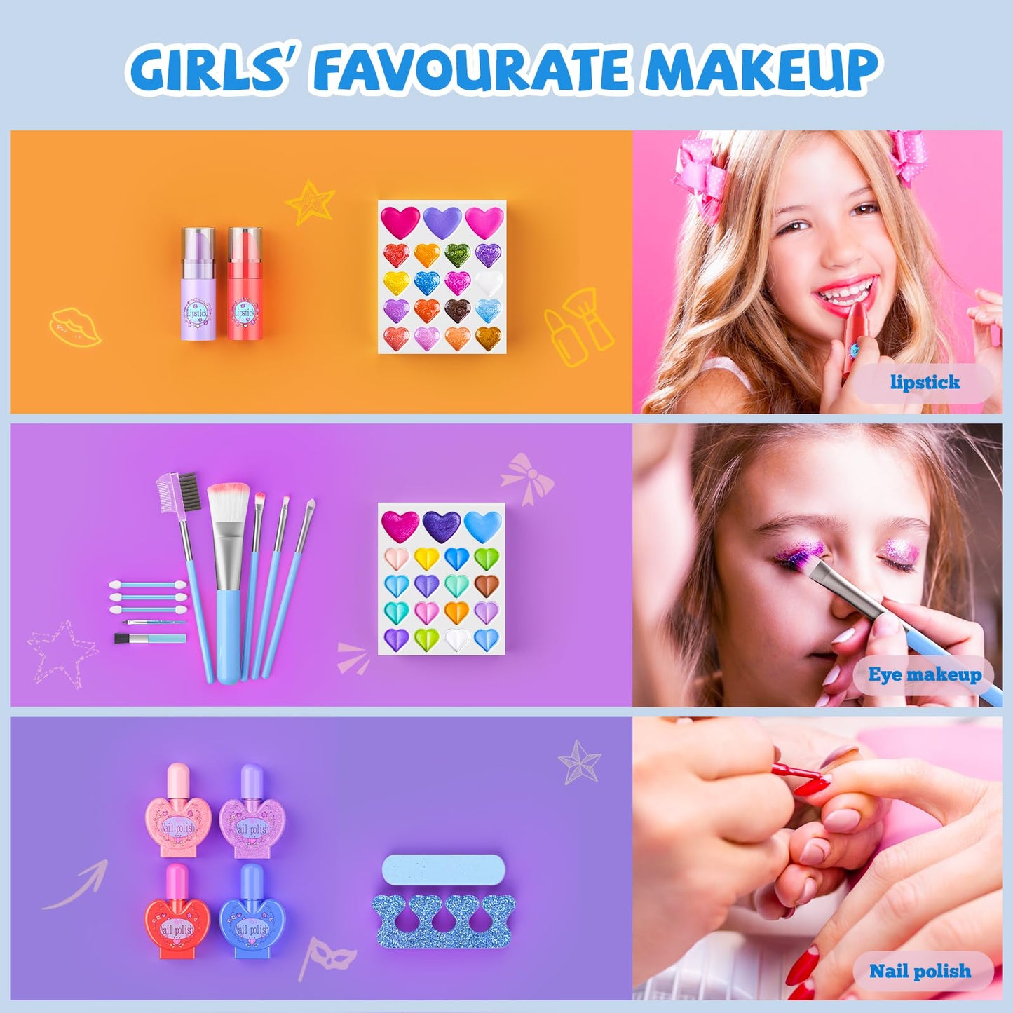GORISPI 66-in-1 Kids Makeup Set with Mirror – Washable Toy Cosmetics (Blue Case)