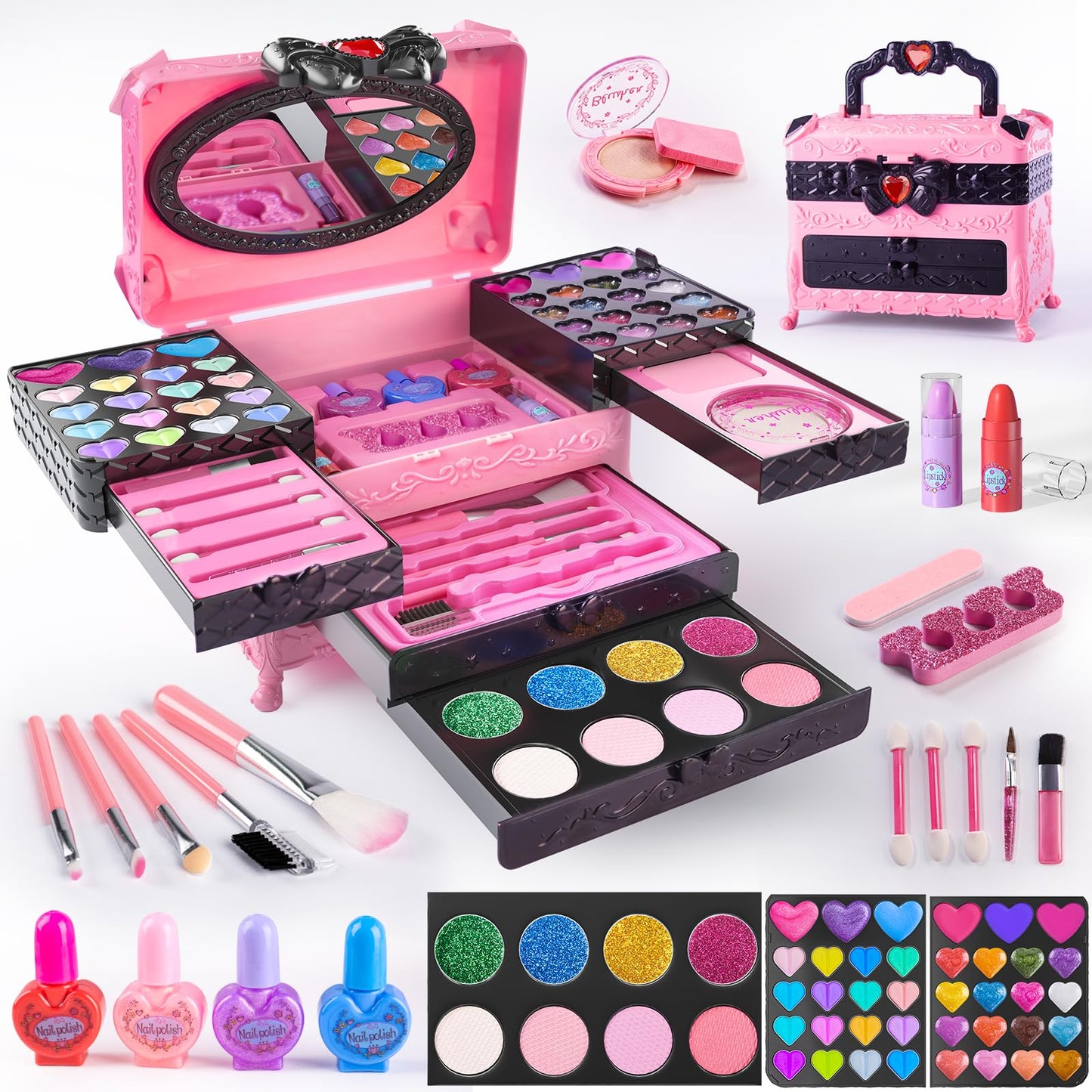 GORISPI 66-Piece Kids Makeup Set with Mirror – Non-Toxic, Washable Real Cosmetic for Girls (Ages 3–12, Pink & Black)