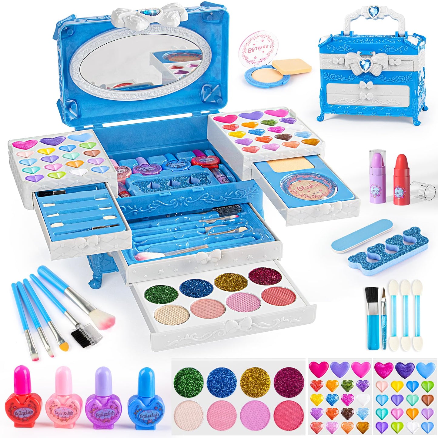 GORISPI 66-in-1 Kids Makeup Set with Mirror – Washable Toy Cosmetics (Blue Case)
