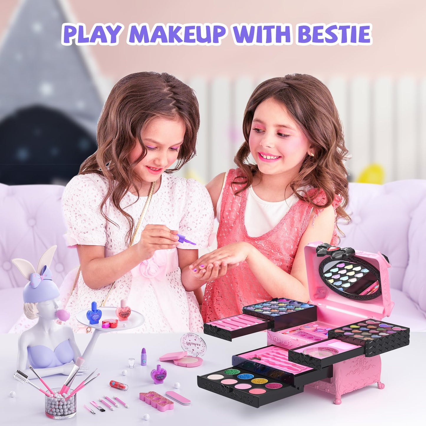 GORISPI 66-Piece Kids Makeup Set with Mirror – Non-Toxic, Washable Real Cosmetic for Girls (Ages 3–12, Pink & Black)