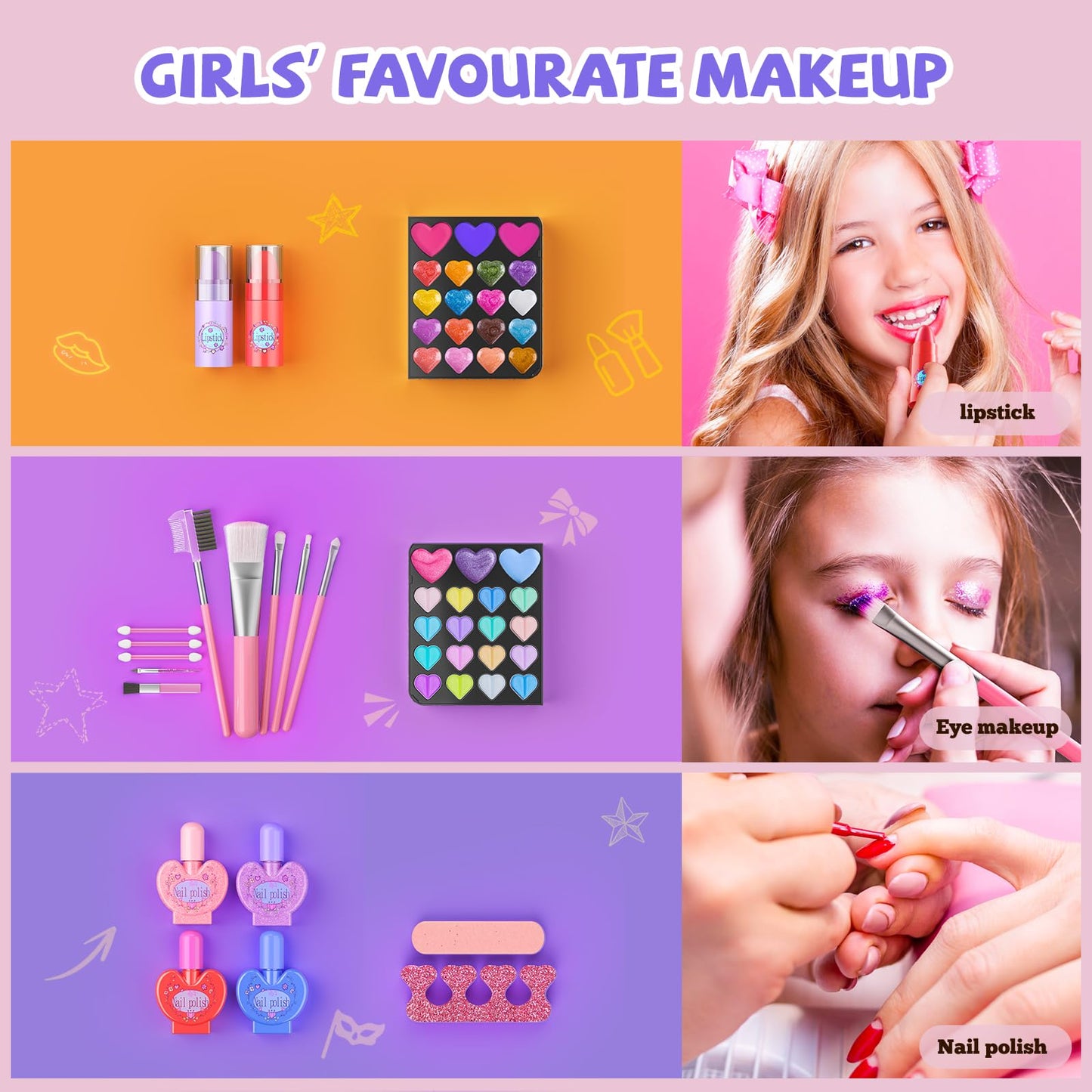 GORISPI 66-Piece Kids Makeup Set with Mirror – Non-Toxic, Washable Real Cosmetic for Girls (Ages 3–12, Pink & Black)