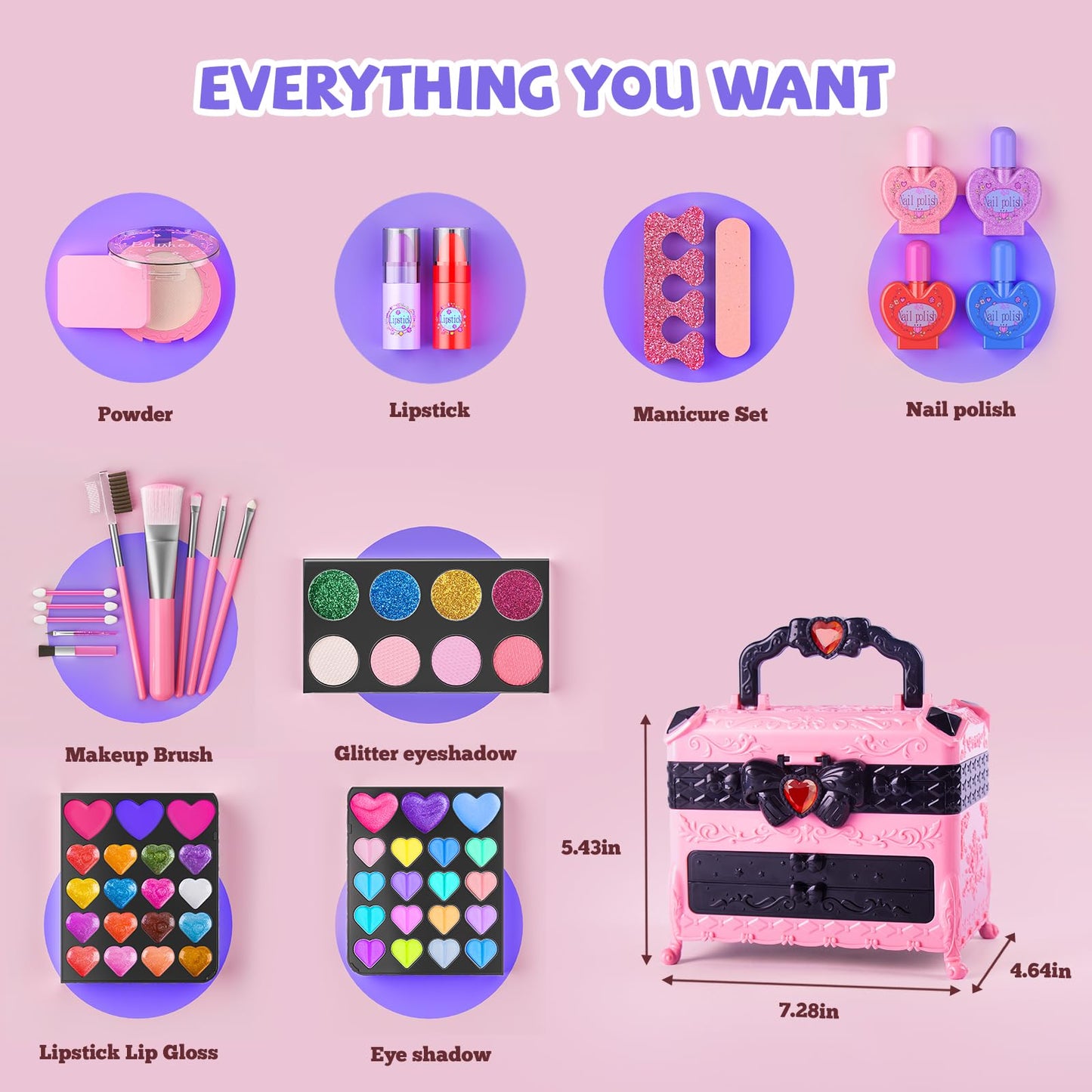 GORISPI 66-Piece Kids Makeup Set with Mirror – Non-Toxic, Washable Real Cosmetic for Girls (Ages 3–12, Pink & Black)