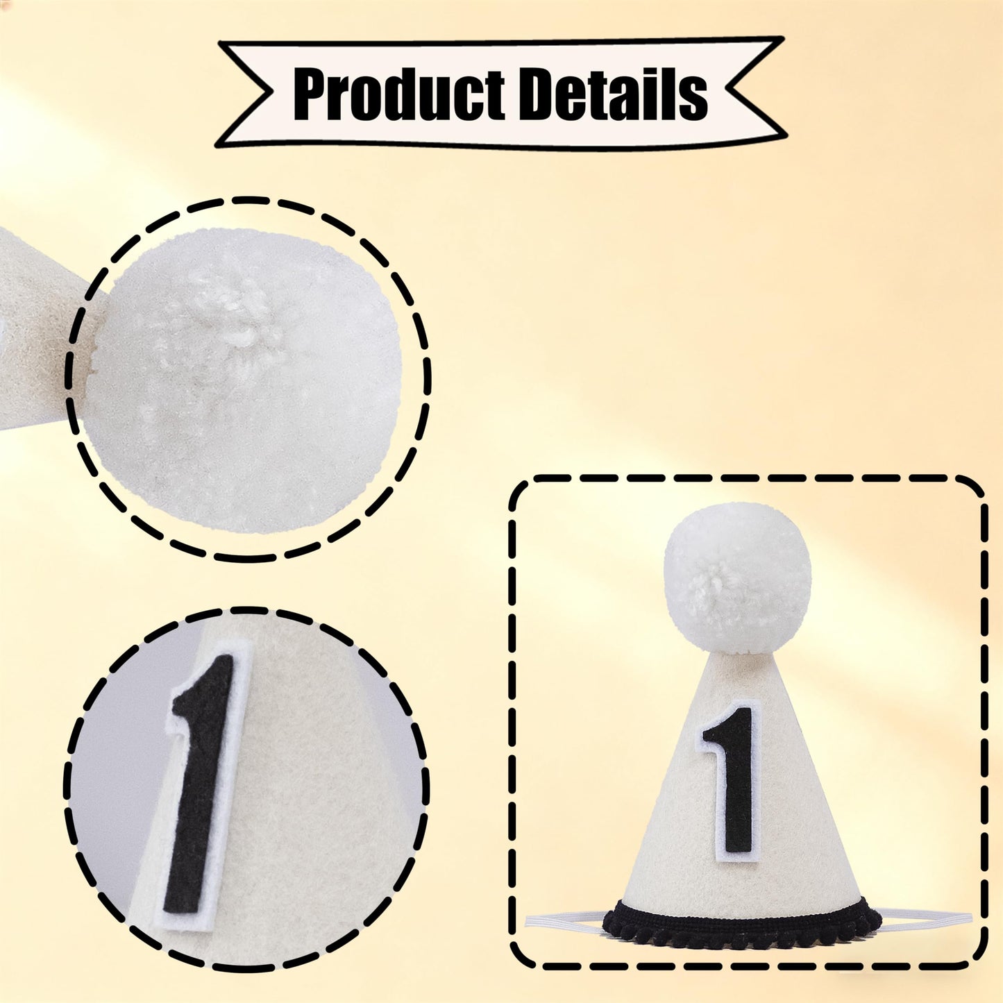 GORNZX Baby First Birthday Crown Hat – Black & White Felt with Pom-Pom, Handmade (Small)