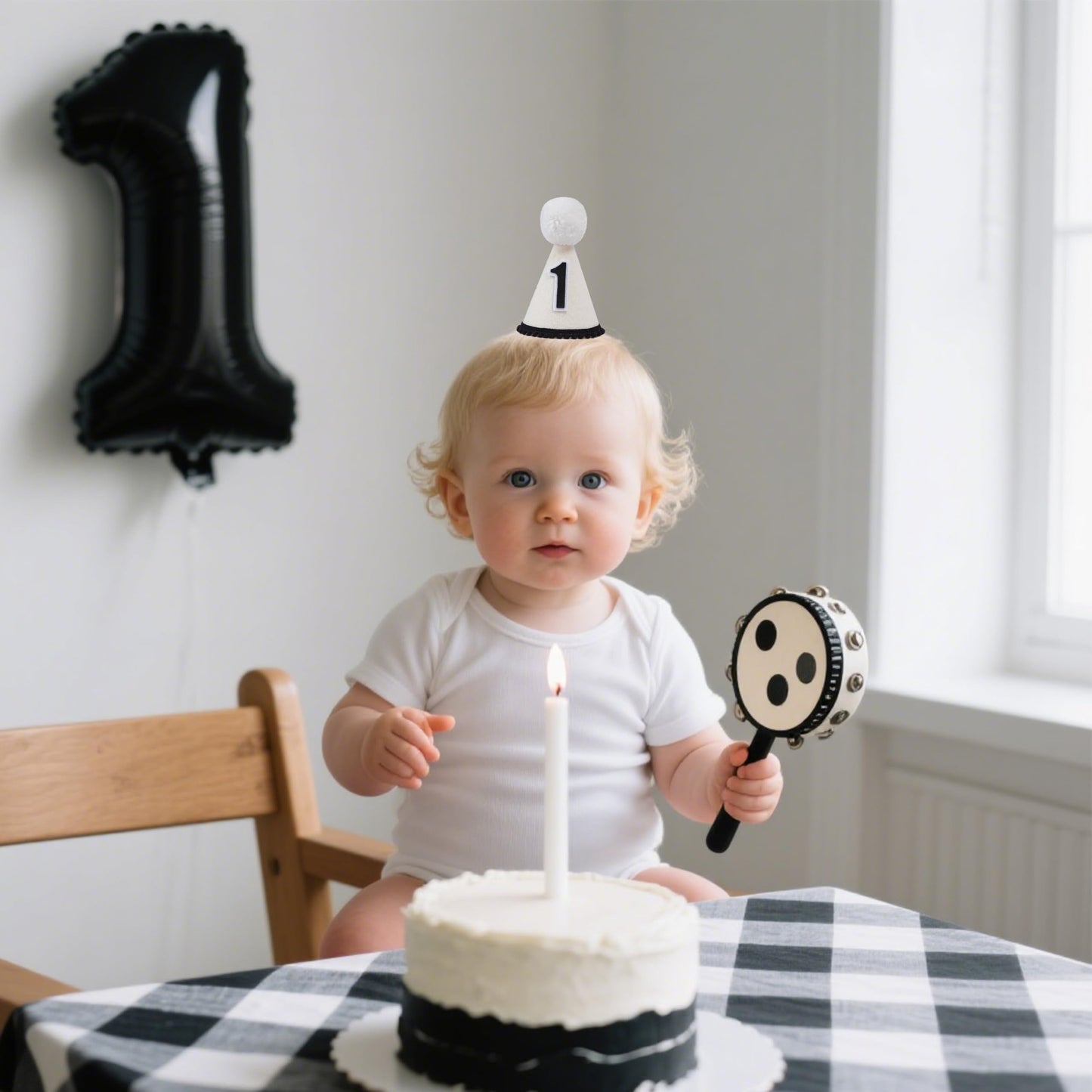 GORNZX Baby First Birthday Crown Hat – Black & White Felt with Pom-Pom, Handmade (Small)