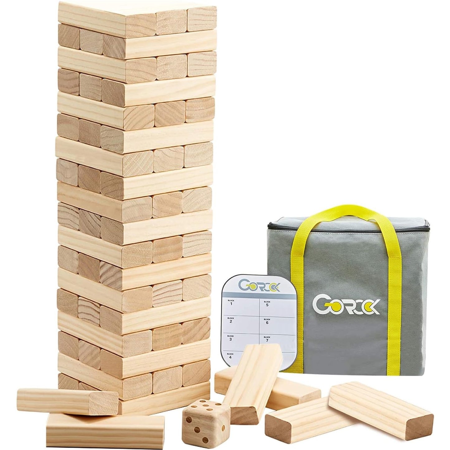 GOROCK Giant Tumble Tower Games: 60 Pcs Wood Blocks, 5ft High, Dice Scoreboard & Carry Bag