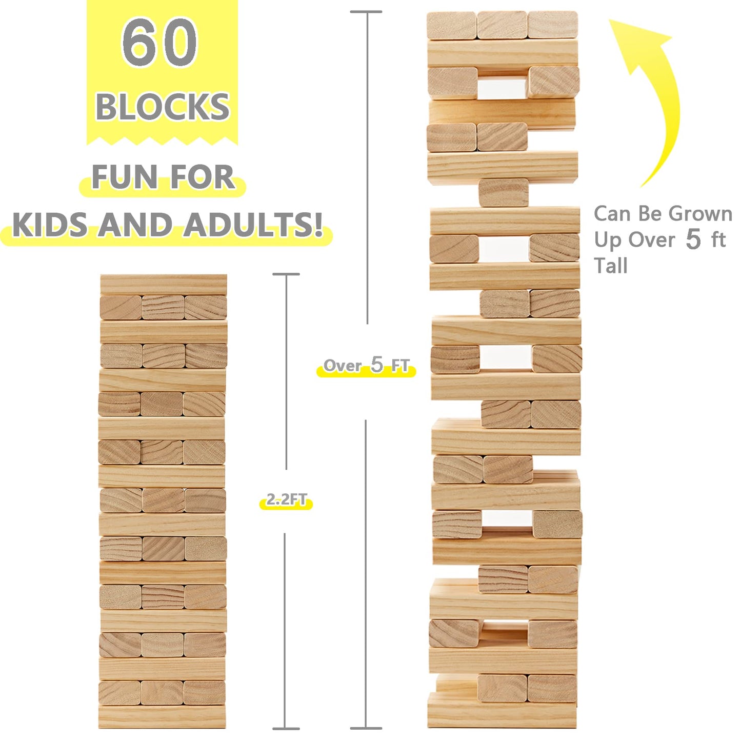 GOROCK Giant Tumble Tower Games: 60 Pcs Wood Blocks, 5ft High, Dice Scoreboard & Carry Bag