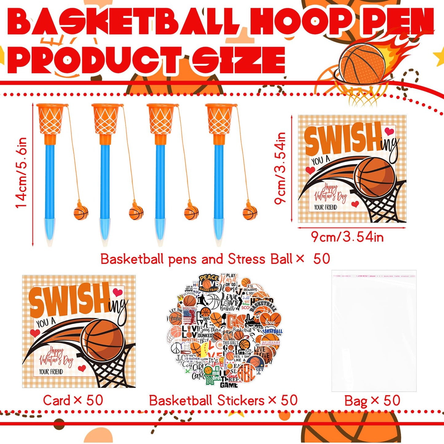 Gosodeny 50-piece Valentines Day Gift Set – Basketball Themed Pens, Cards, Stickers & Gift Bags