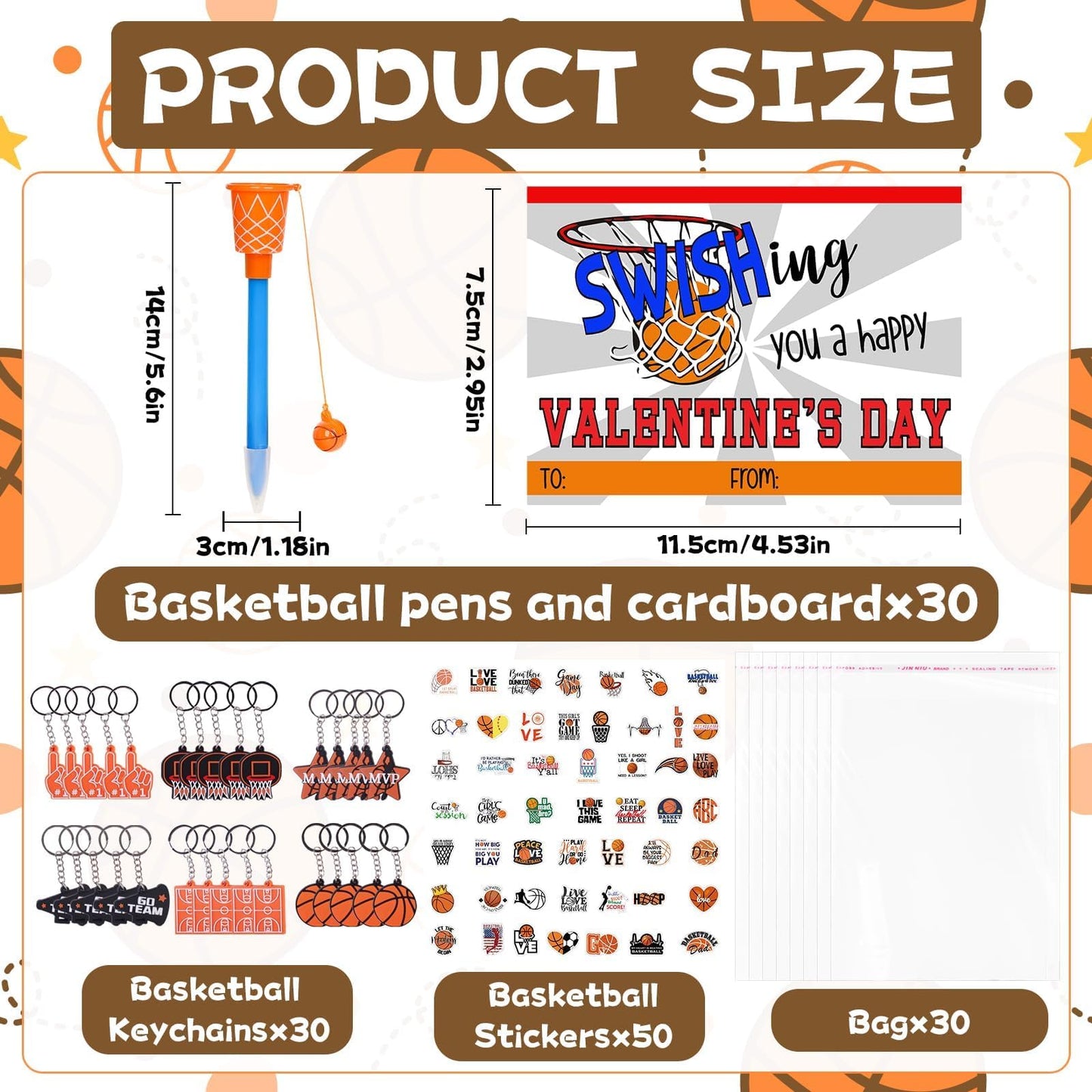 Gosodeny 30-Count Valentine Basketball Gift Set – Pens, Cards, Stickers, Keychains & Gift Bags