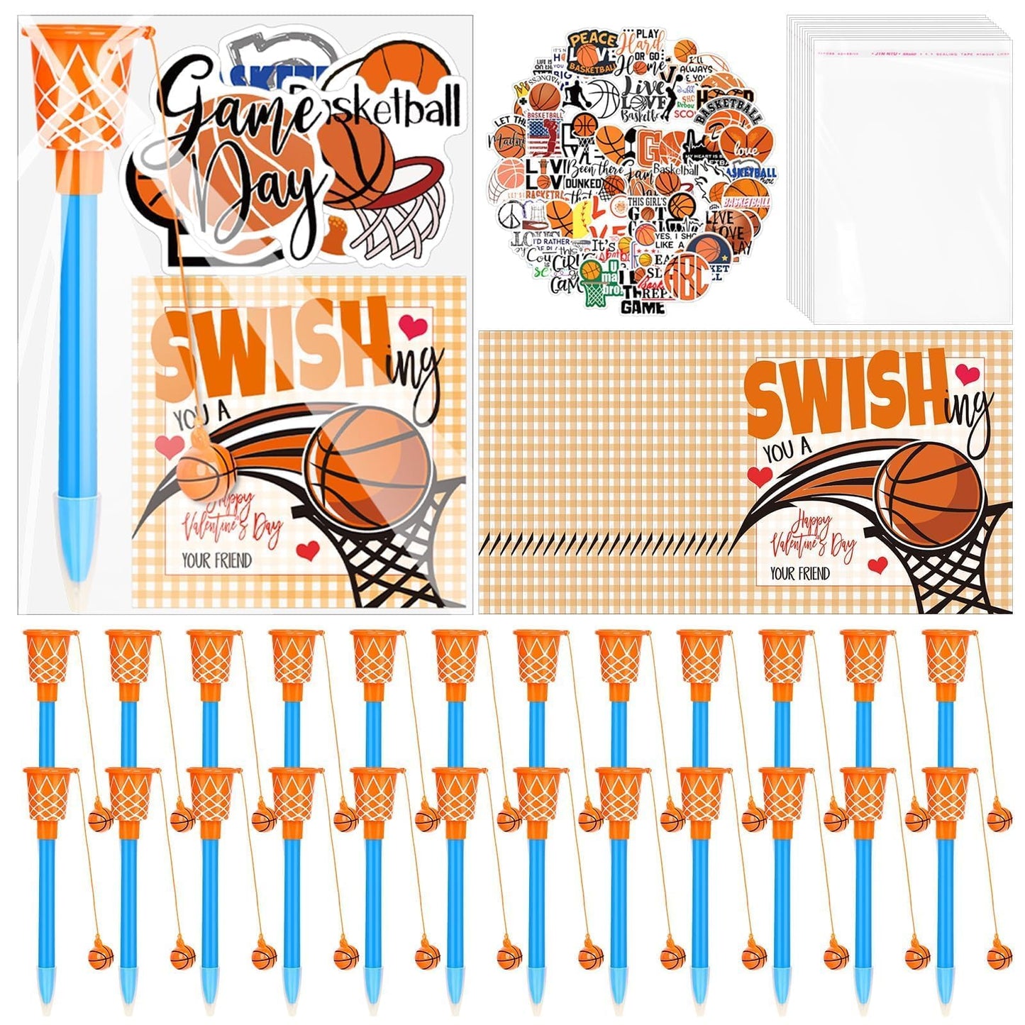 Gosodeny 24-Set Valentine’s Day Basketball Gift Pack — Pens, Cards, Stickers, Gift Bags