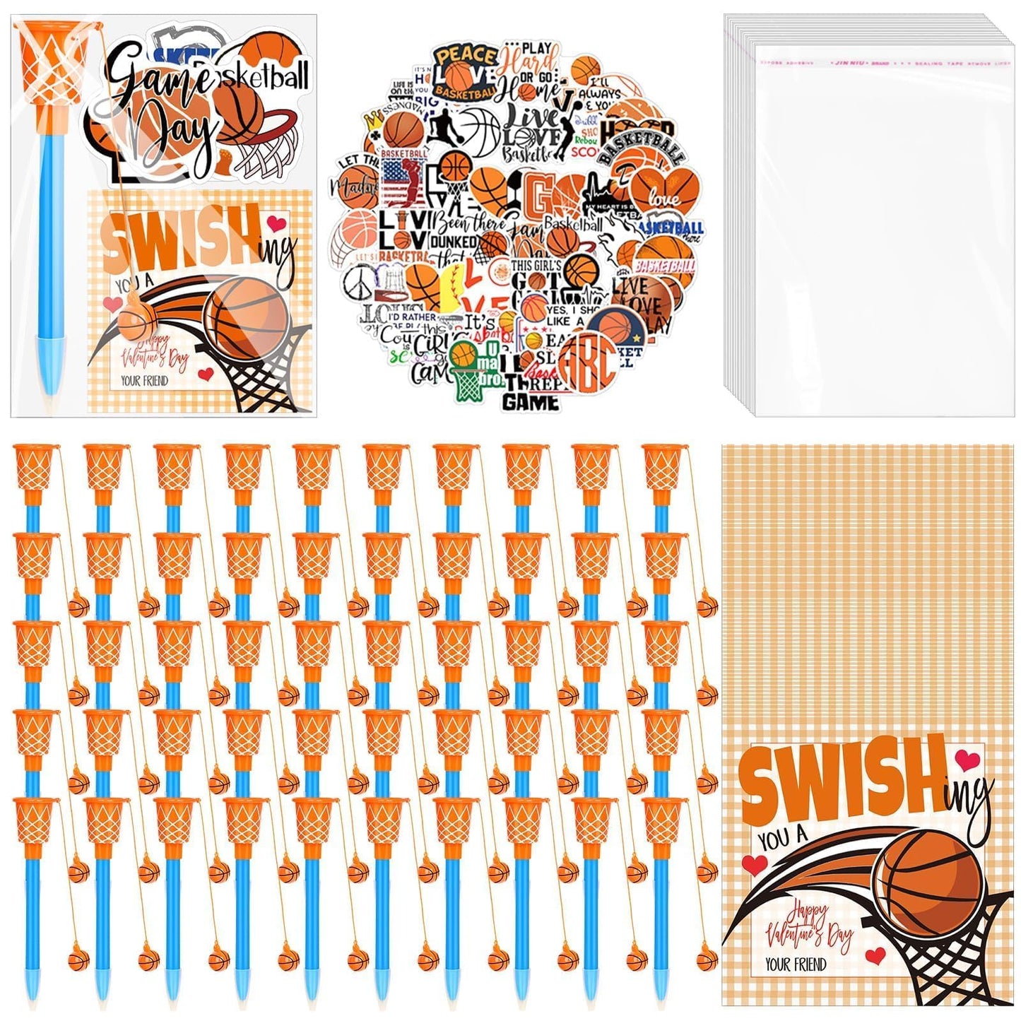 Gosodeny 50-piece Valentines Day Gift Set – Basketball Themed Pens, Cards, Stickers & Gift Bags