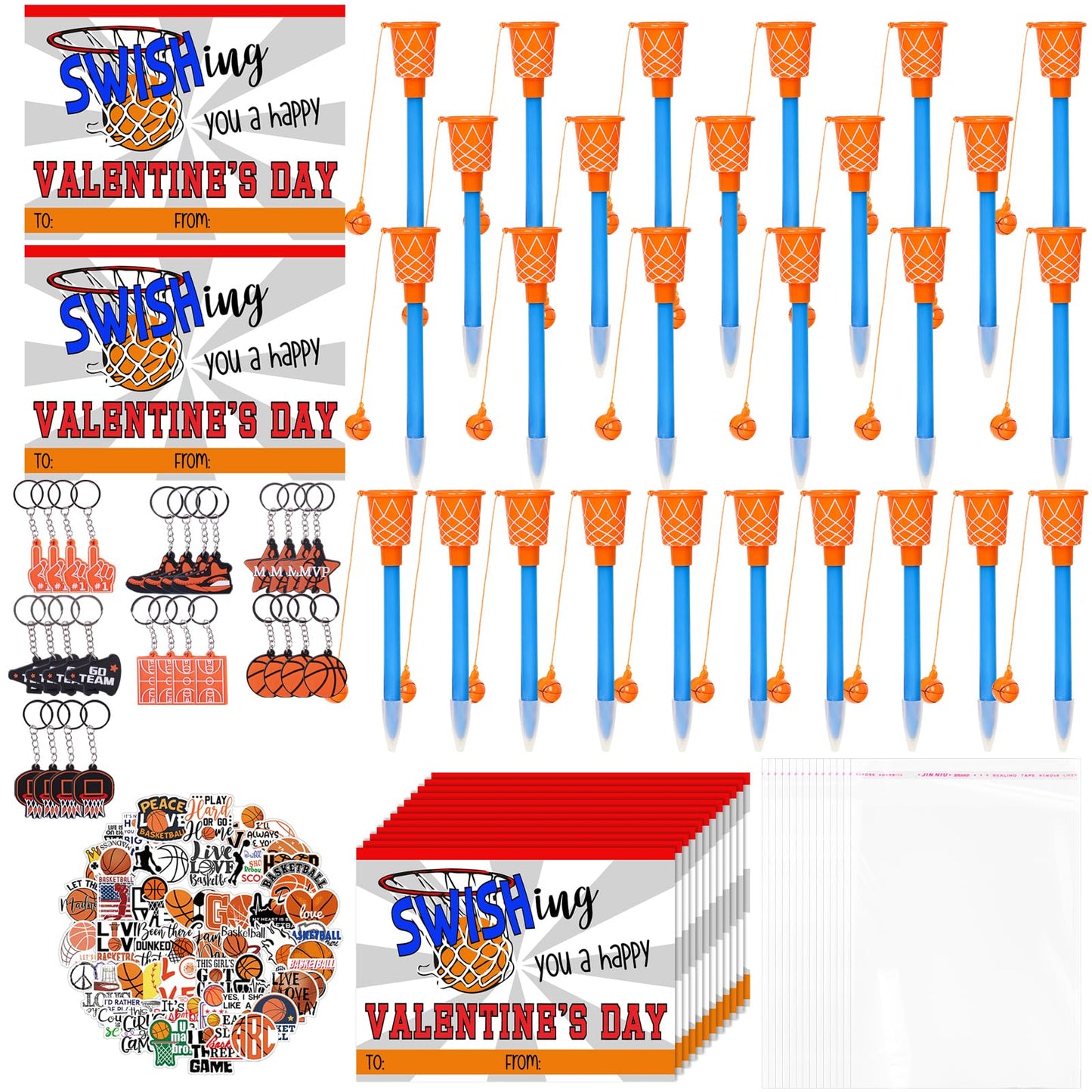 Gosodeny 30-Count Valentine Basketball Gift Set – Pens, Cards, Stickers, Keychains & Gift Bags