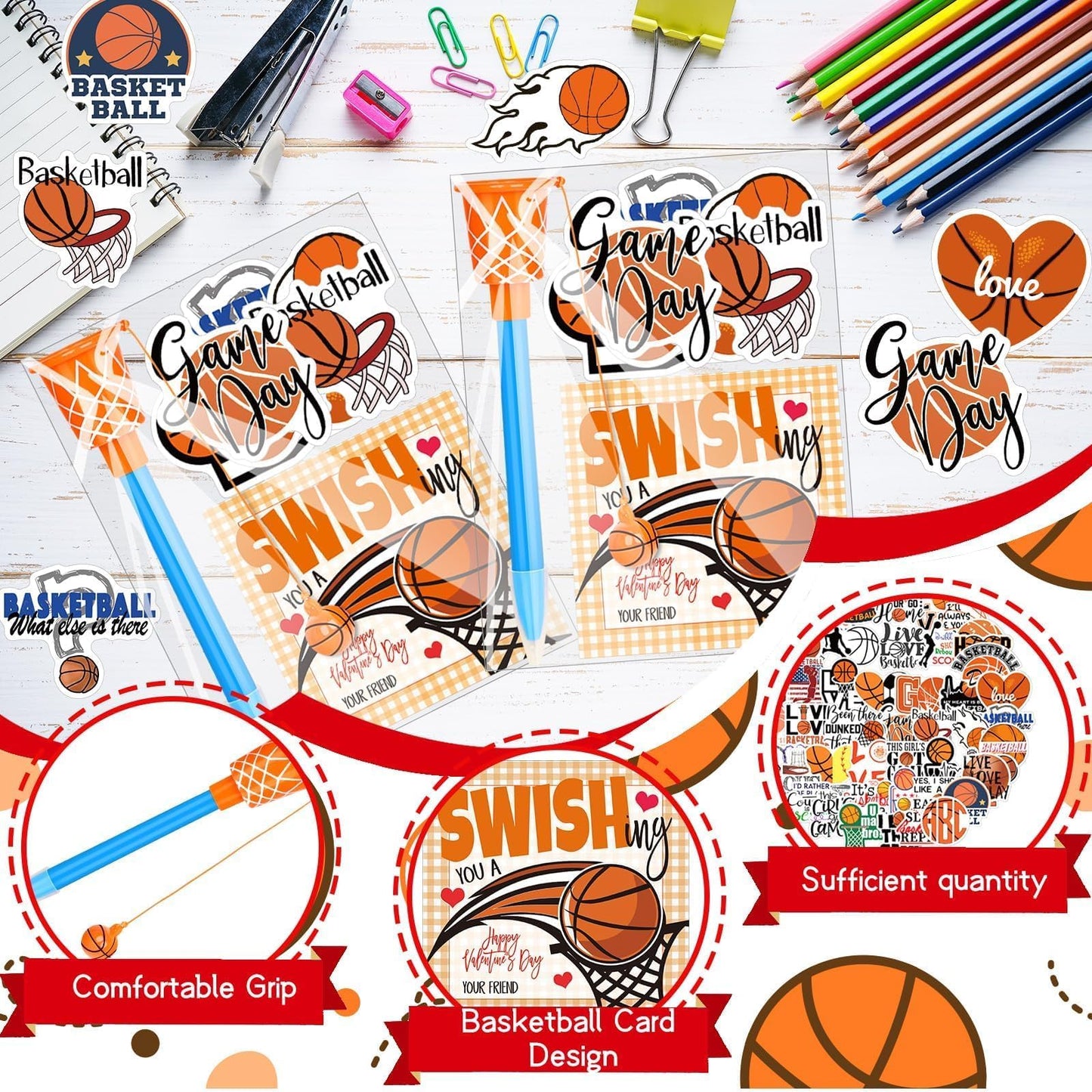 Gosodeny 50-piece Valentines Day Gift Set – Basketball Themed Pens, Cards, Stickers & Gift Bags