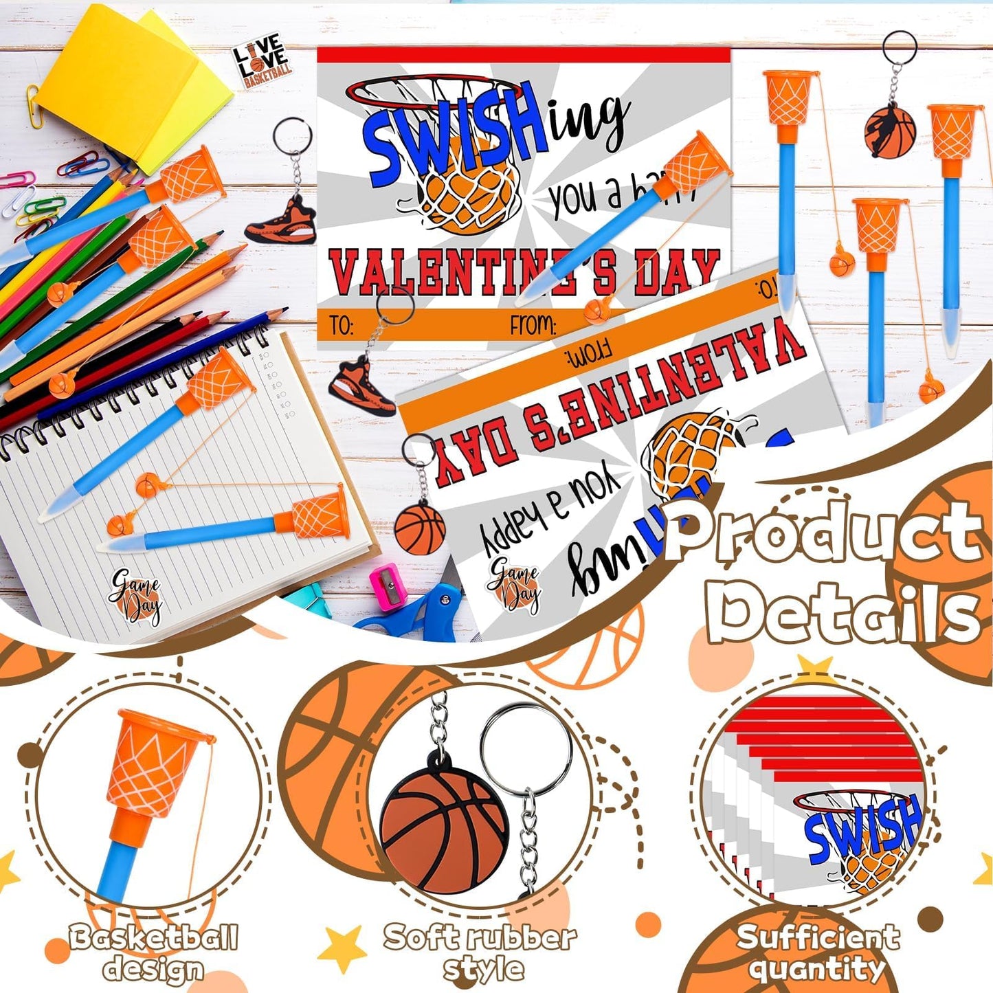 Gosodeny 30-Count Valentine Basketball Gift Set – Pens, Cards, Stickers, Keychains & Gift Bags