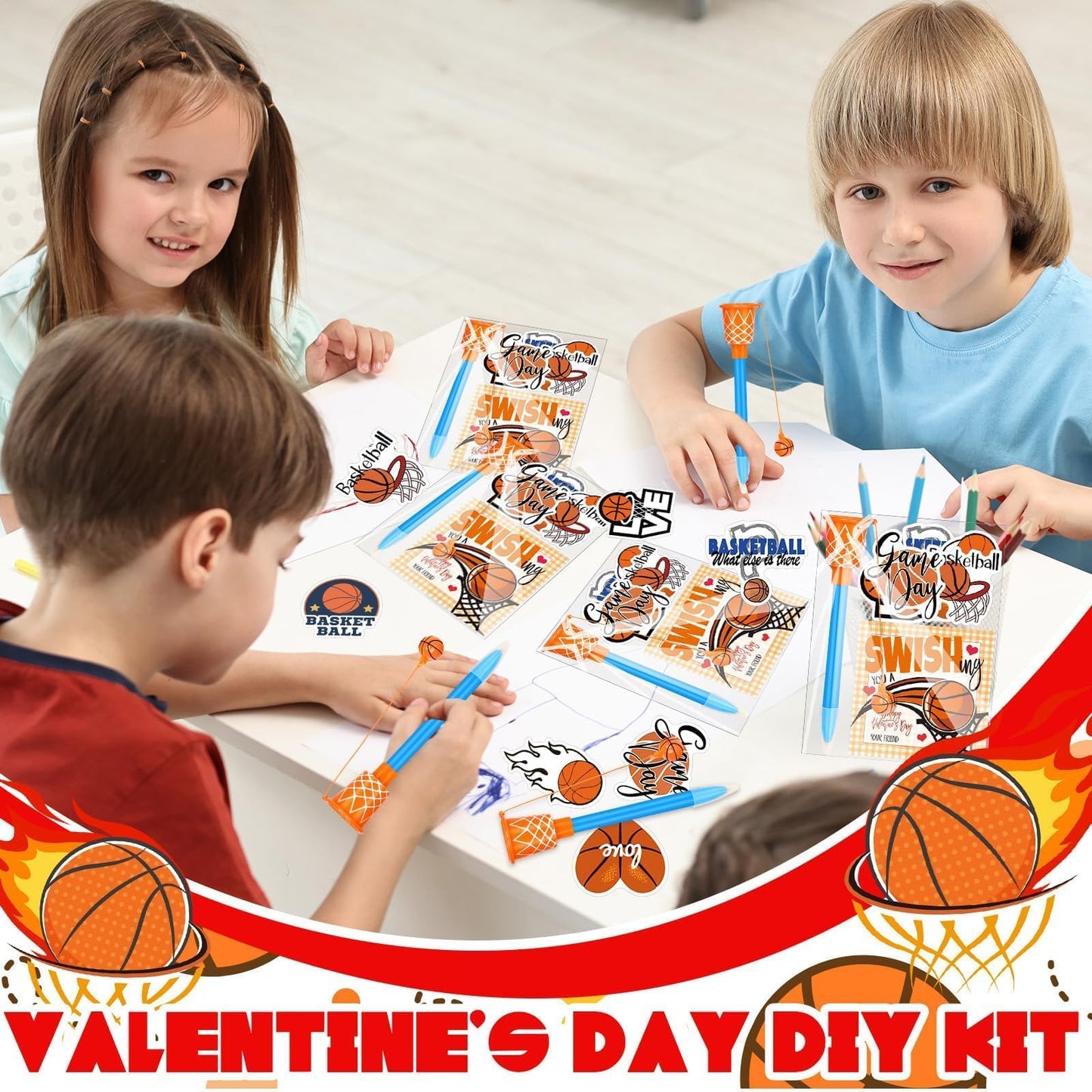 Gosodeny 24-Set Valentine’s Day Basketball Gift Pack — Pens, Cards, Stickers, Gift Bags