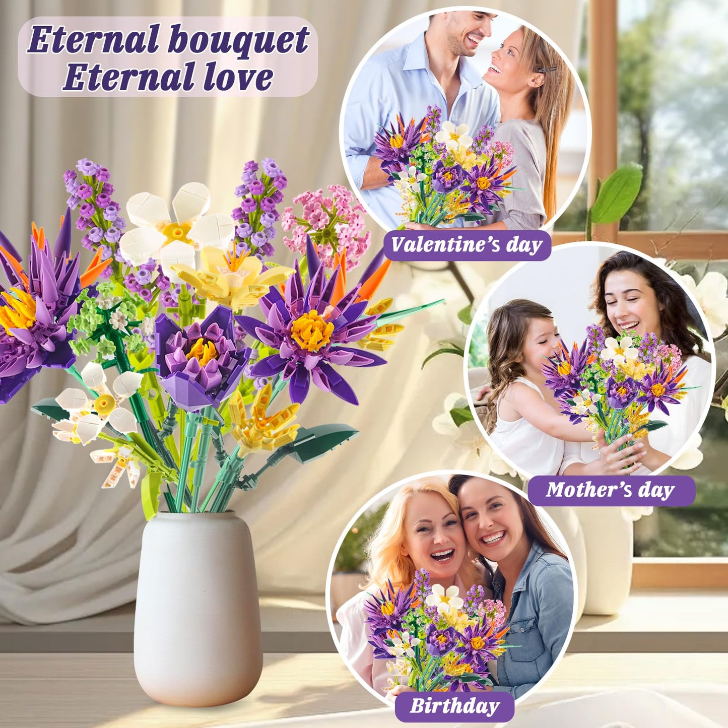 GoStock Flower Bouquet Building Set – 891 PCS DIY Blooms for Home & Office Decor (Birds of Paradise & Water Lily)