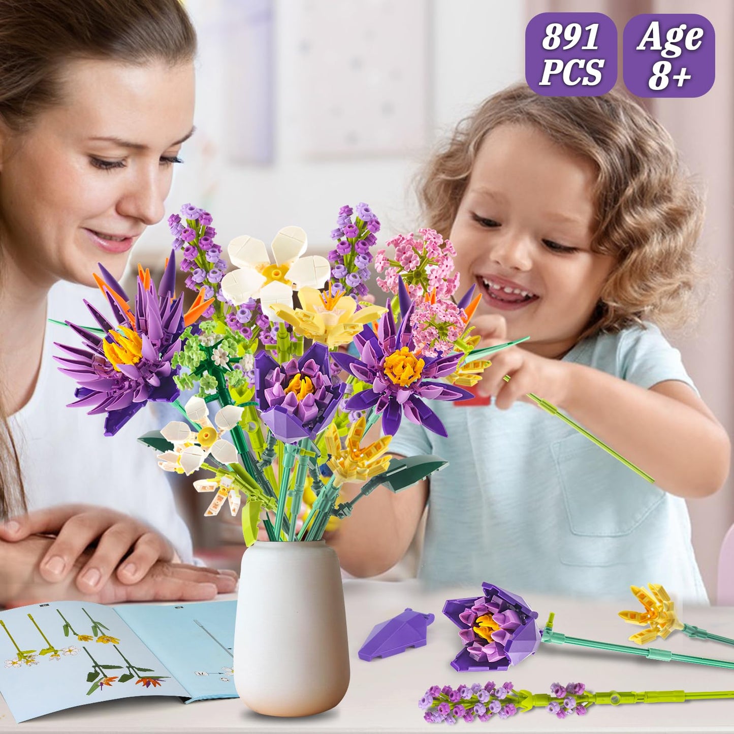GoStock Flower Bouquet Building Set – 891 PCS DIY Blooms for Home & Office Decor (Birds of Paradise & Water Lily)