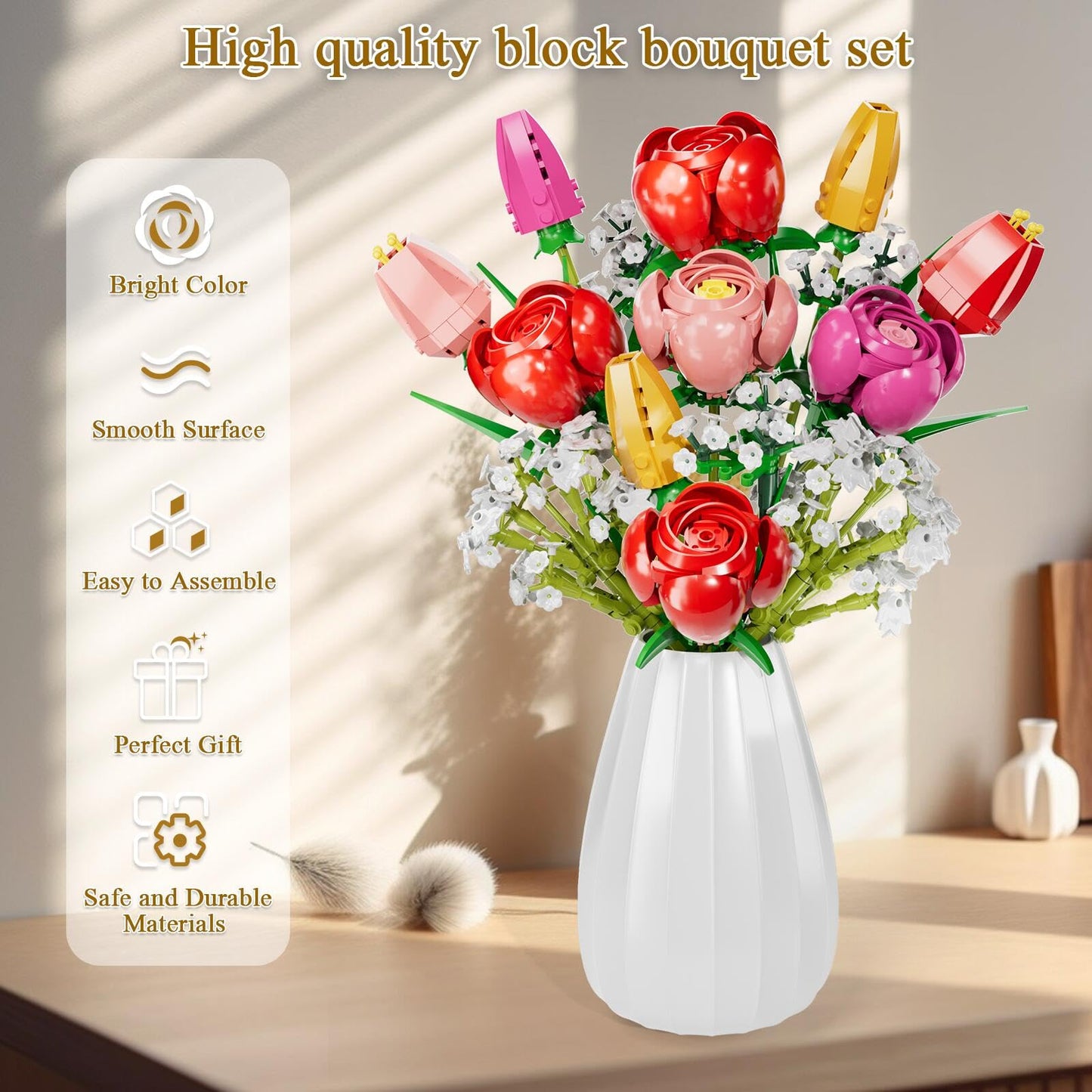 GoStock Flower Bouquet Building Set — Rose & Tulip DIY Kit for Adults & Kids