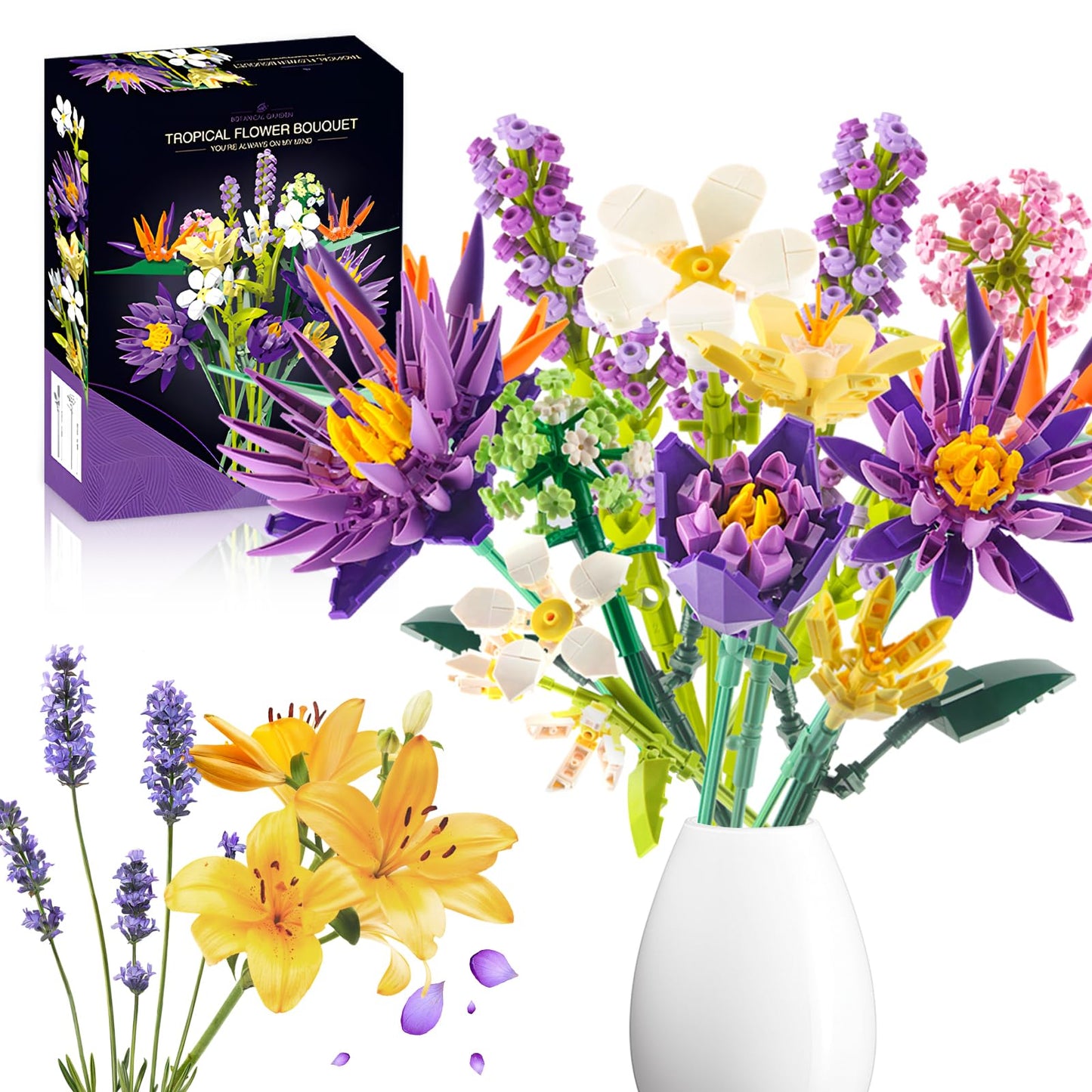 GoStock Flower Bouquet Building Set – 891 PCS DIY Blooms for Home & Office Decor (Birds of Paradise & Water Lily)