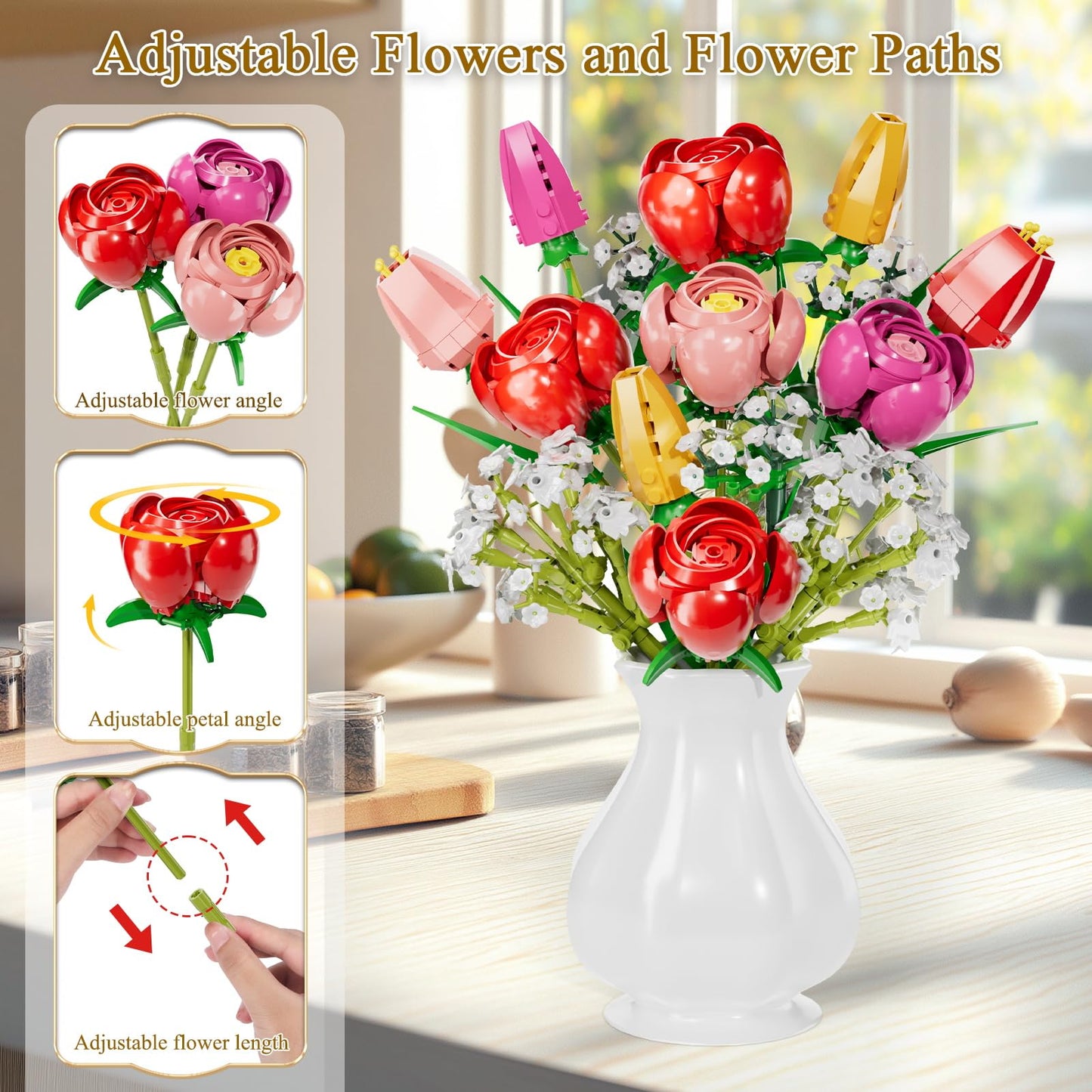 GoStock Flower Bouquet Building Set — Rose & Tulip DIY Kit for Adults & Kids