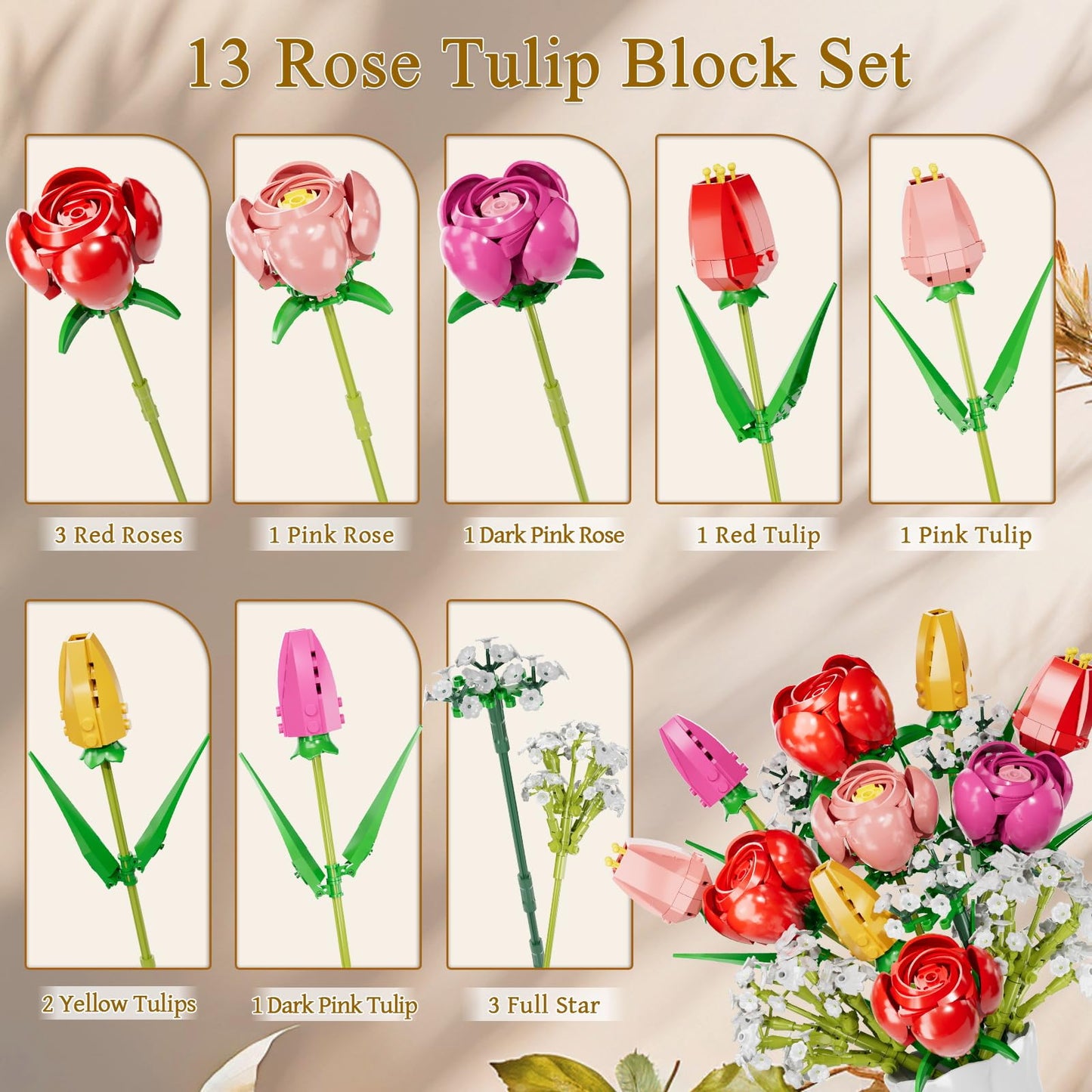 GoStock Flower Bouquet Building Set — Rose & Tulip DIY Kit for Adults & Kids