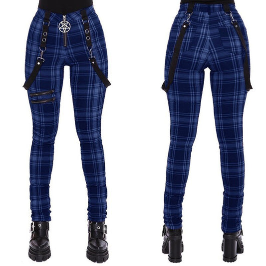 Gothic Pants Women Fashion High Waist Zipper Blue Plaid Punk Style Pants Streetwear fashion Casual Ladies Trousers
