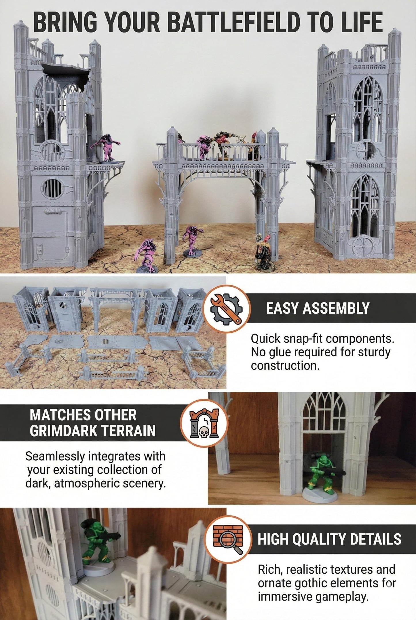 Gothic Sector Terrain Set – 28mm Scale Buildings & Scatter for 2000-Point Warhammer 40k Games (Gothic Sky Bridge)