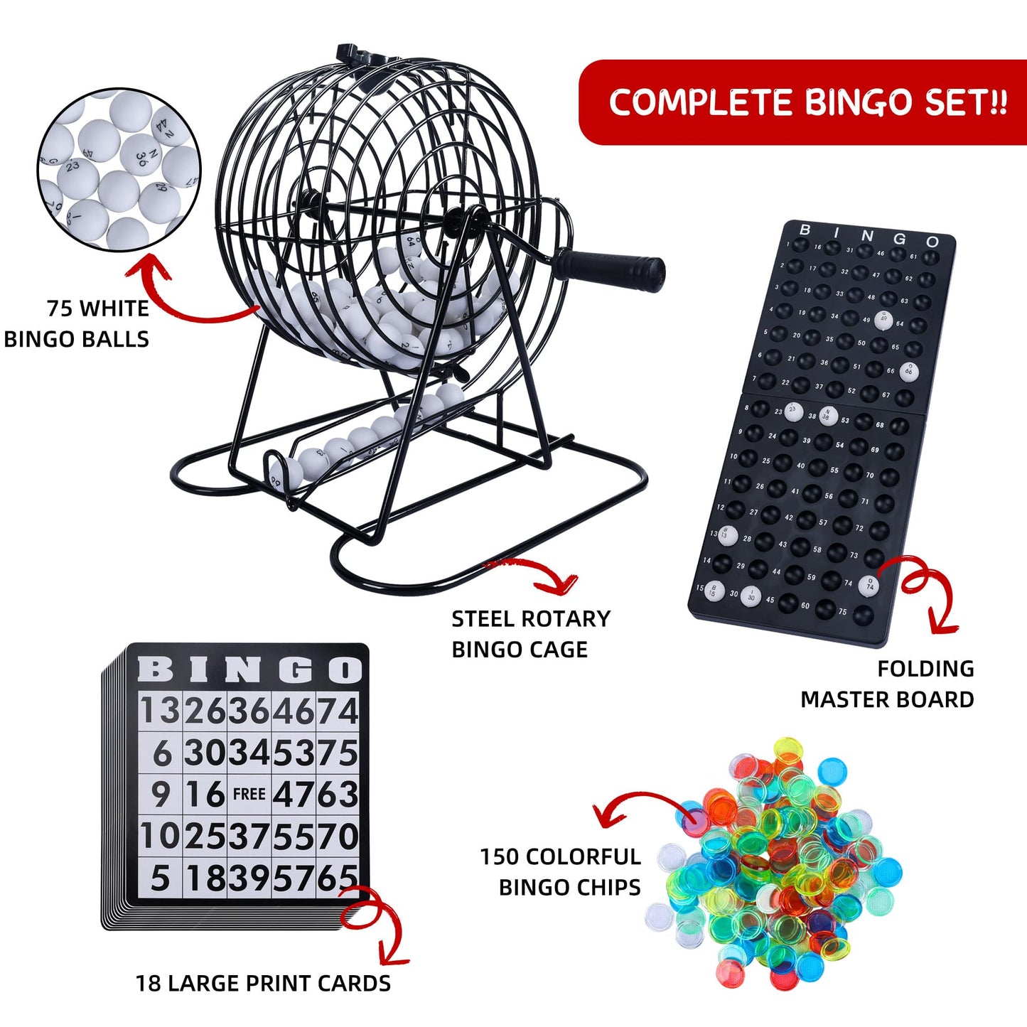 GOTHINK Bingo Game Set for Adults and Kids - 8in Steel Cage, 75 Balls, 18 Cards, 150 Chips