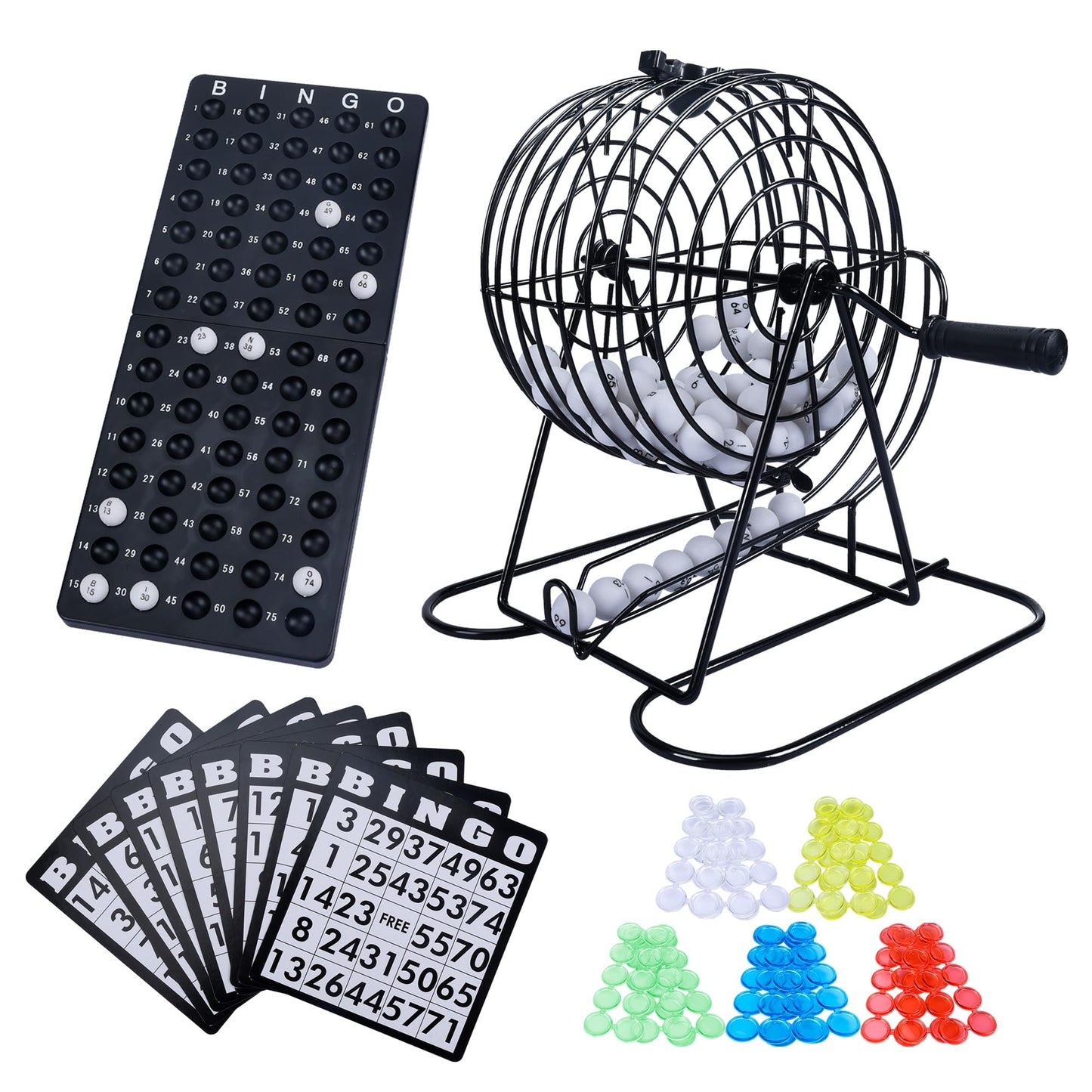 GOTHINK Bingo Game Set for Adults and Kids - 8in Steel Cage, 75 Balls, 18 Cards, 150 Chips