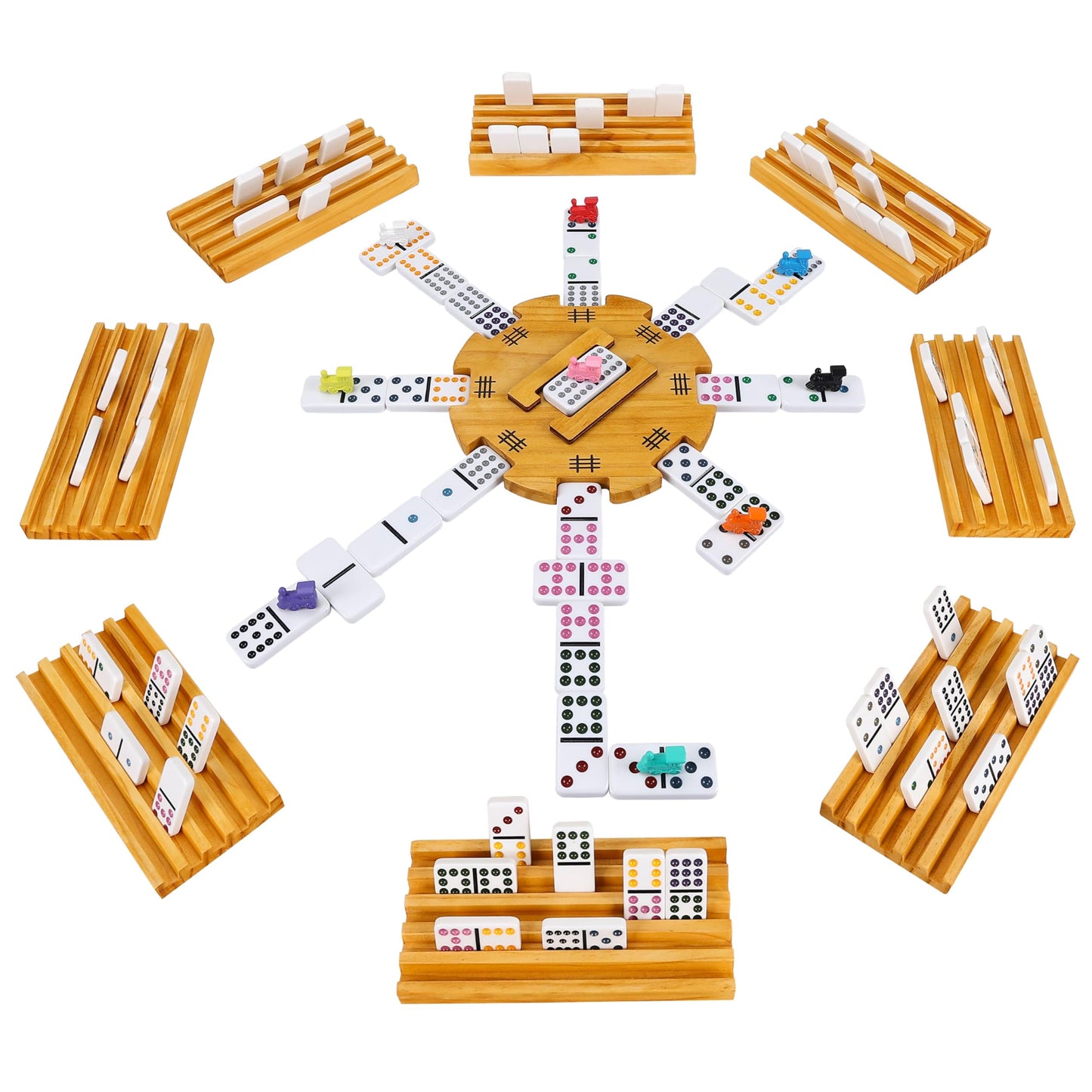 GOTHINK Mexican Train Dominoes Set – Double 12, Family Board Game with Trains, Racks & Wooden Case