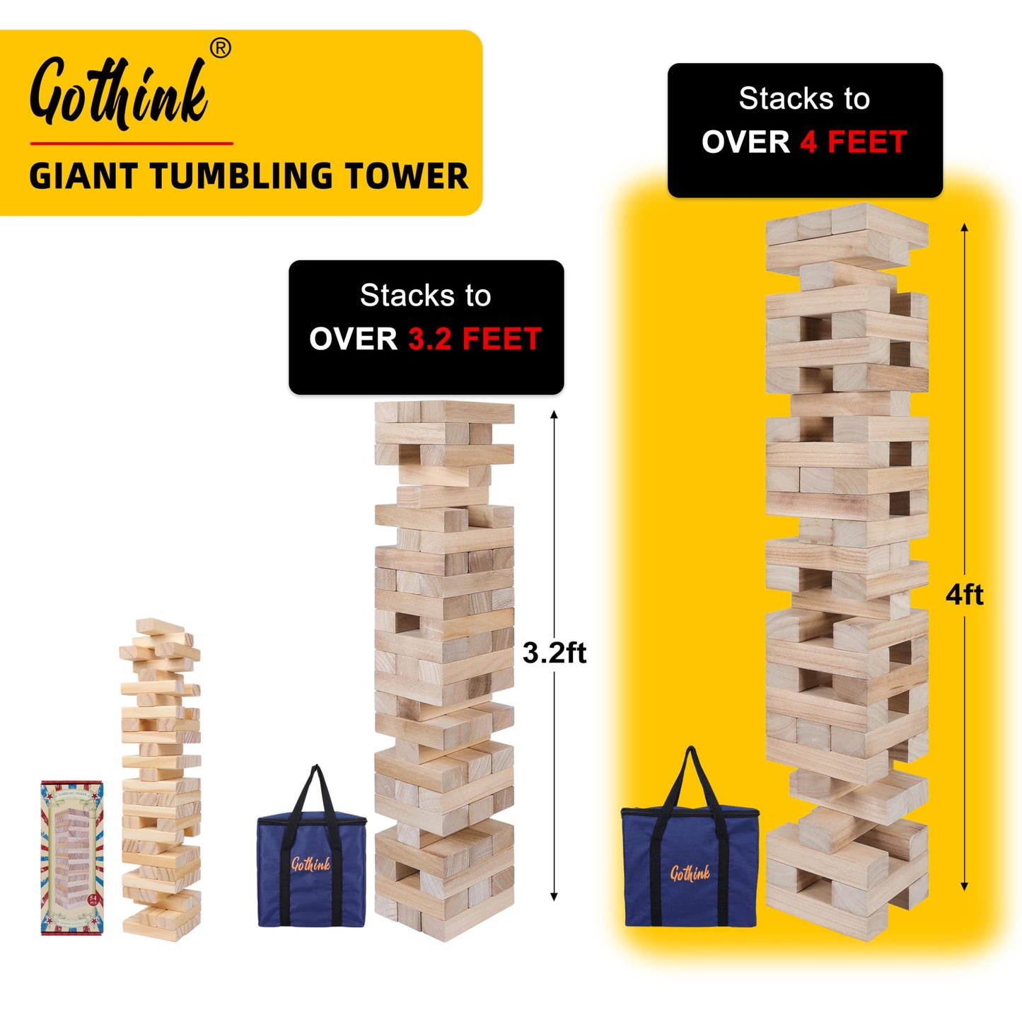 GOTHINK Giant Tumble Tower Game – Large Outdoor Wooden Stack Blocks with Carry Case (54pcs)