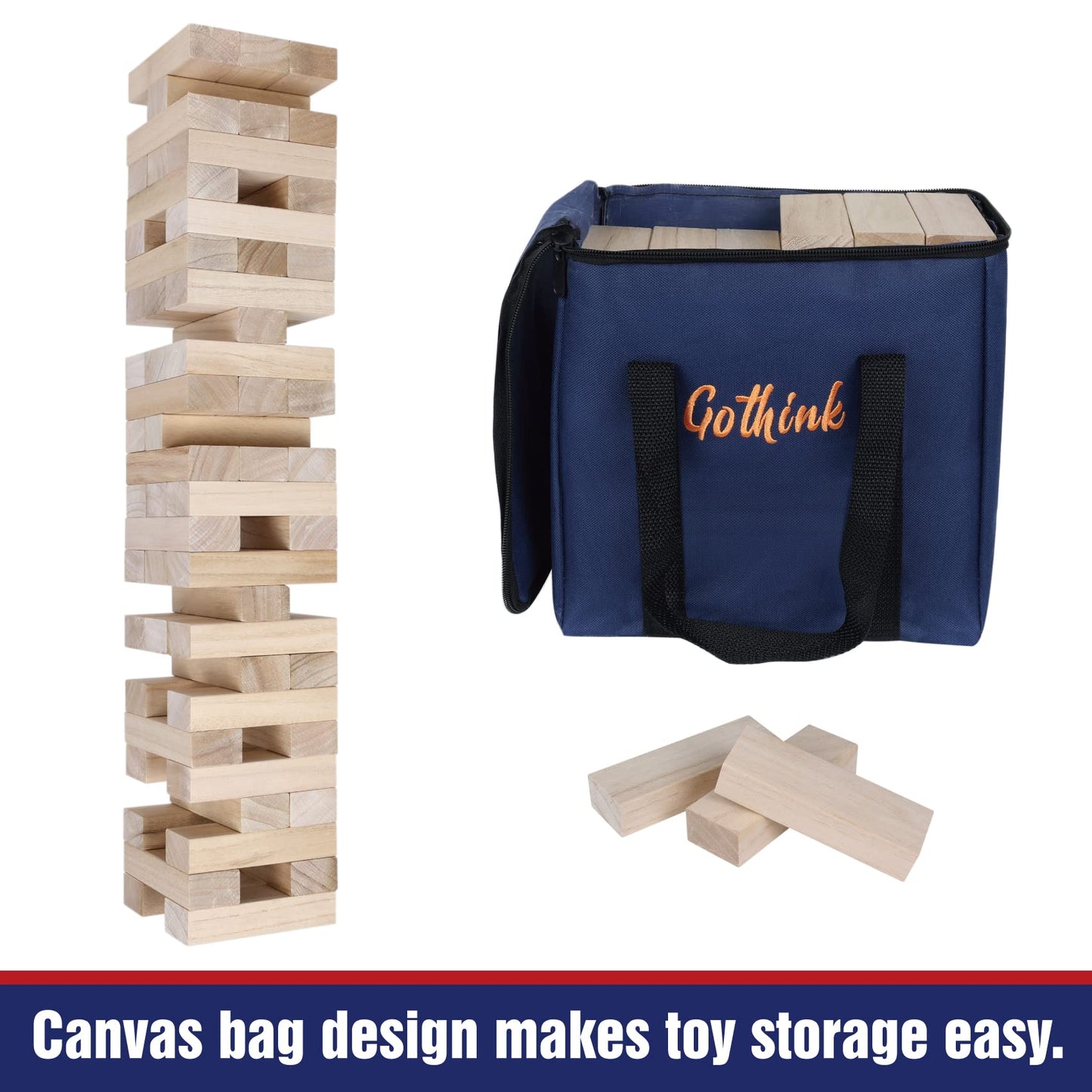 GOTHINK Giant Tumble Tower Game – 60 Jumbo Blocks, Carry Case, Outdoor Family Fun