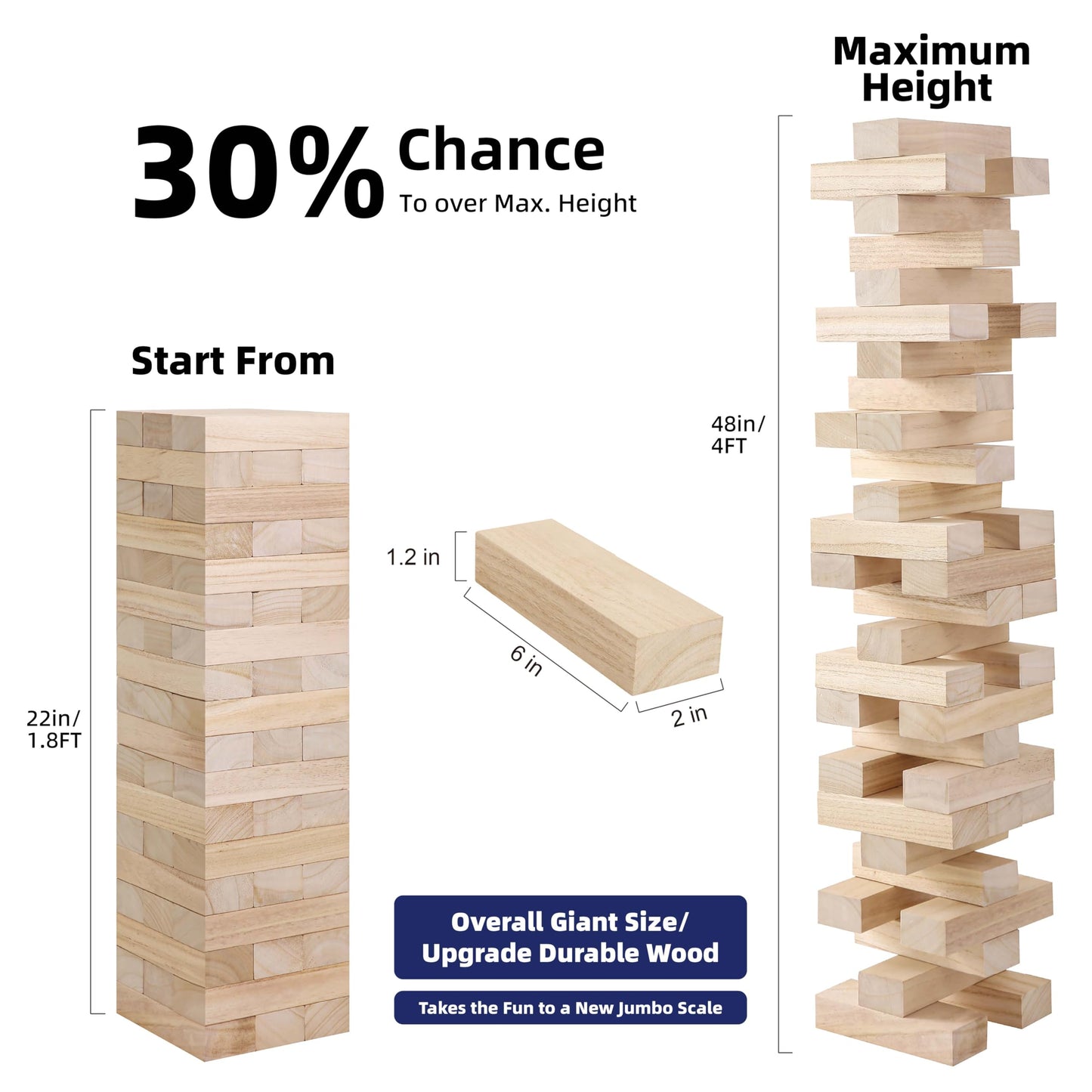 GOTHINK Giant Tumble Tower Game – Large Outdoor Wooden Stack Blocks with Carry Case (54pcs)
