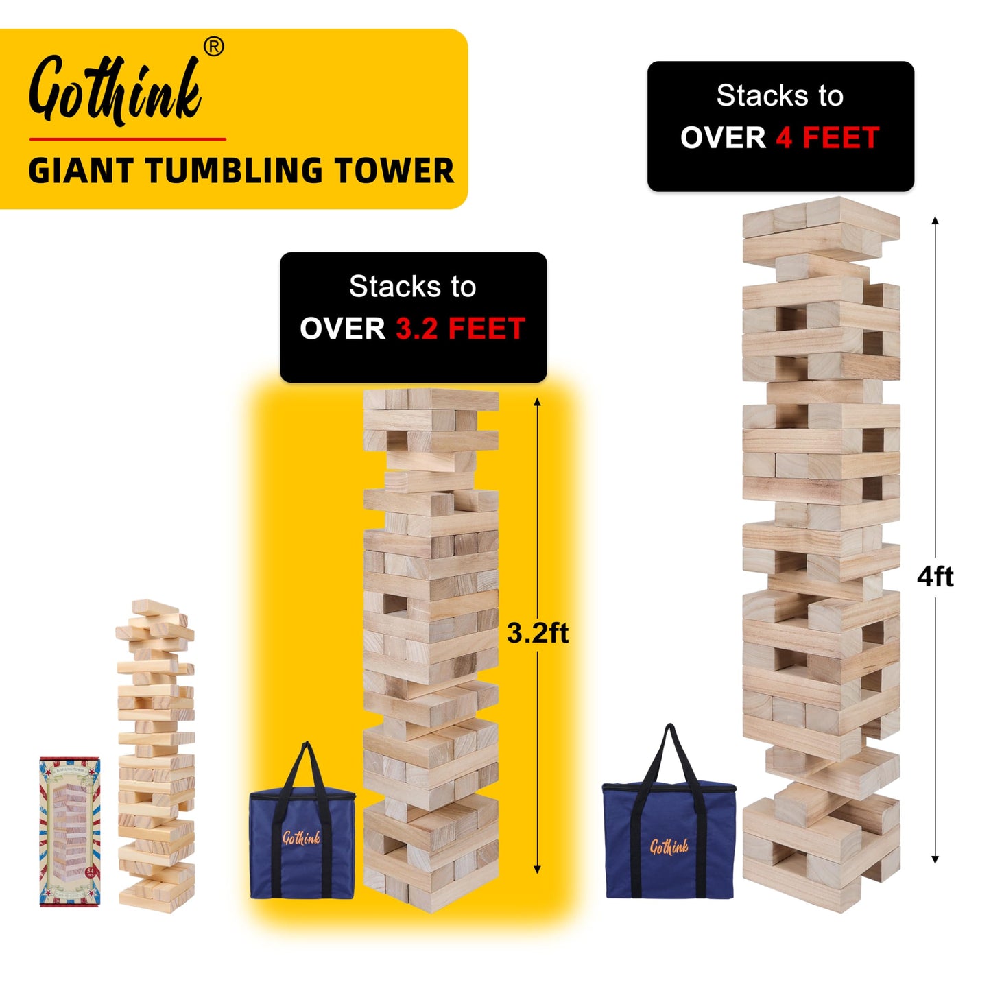 GOTHINK Giant Tumble Tower Game – 60 Jumbo Blocks, Carry Case, Outdoor Family Fun