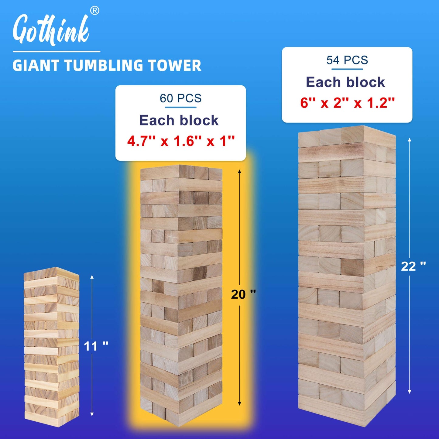 GOTHINK Giant Tumble Tower Game – 60 Jumbo Blocks, Carry Case, Outdoor Family Fun